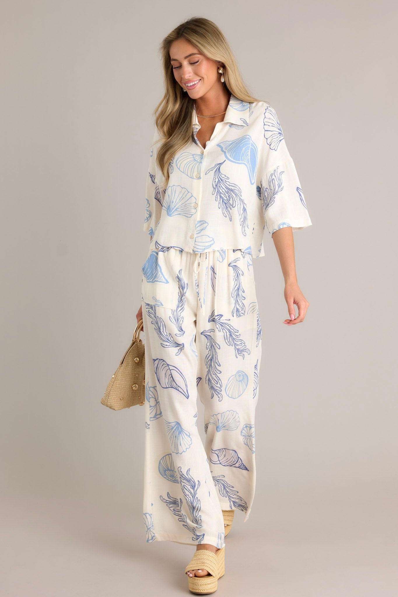Shoreline Seashell Blue Tropical Print Top