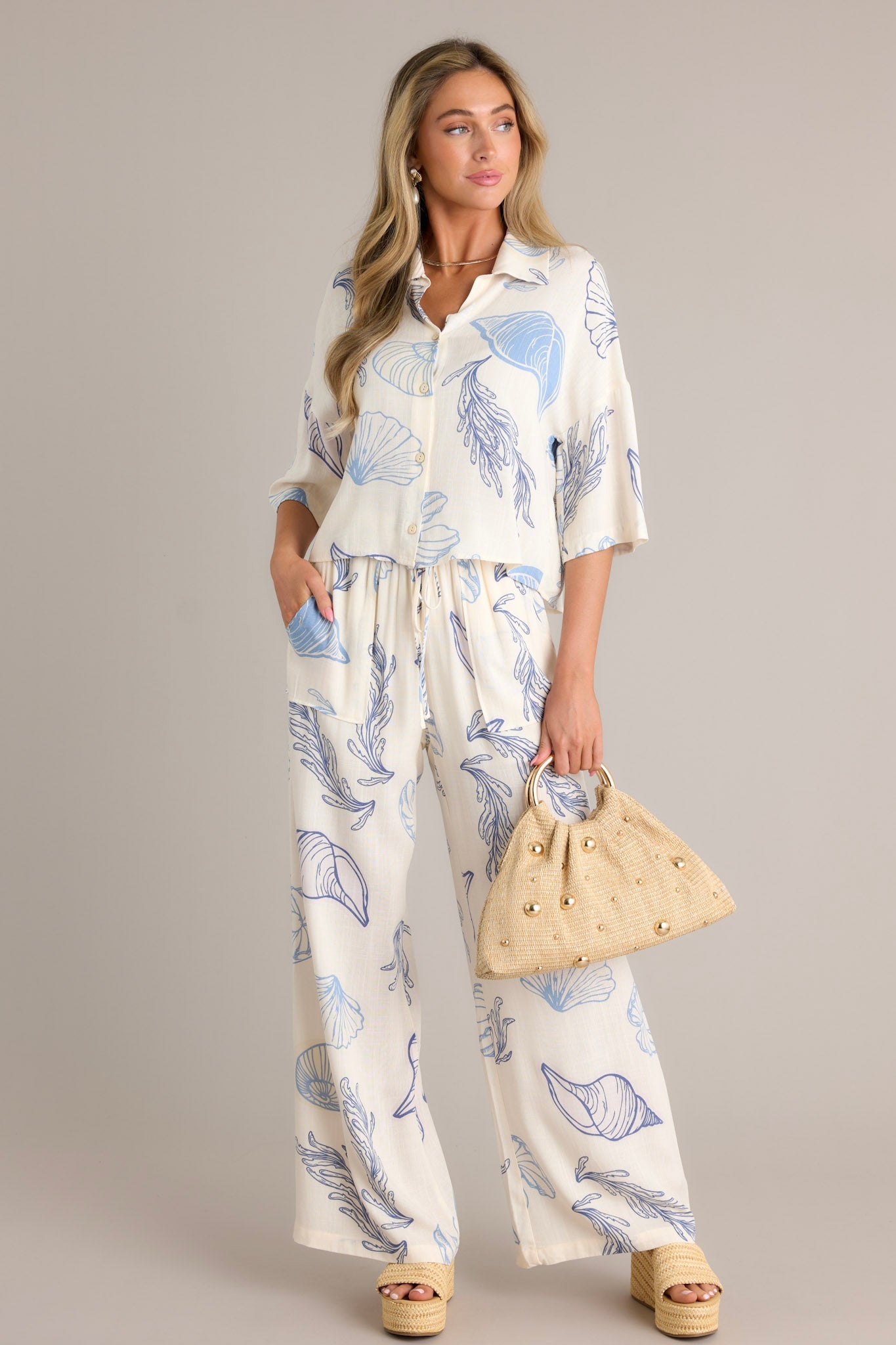 Shoreline Seashell Blue Tropical Print Top