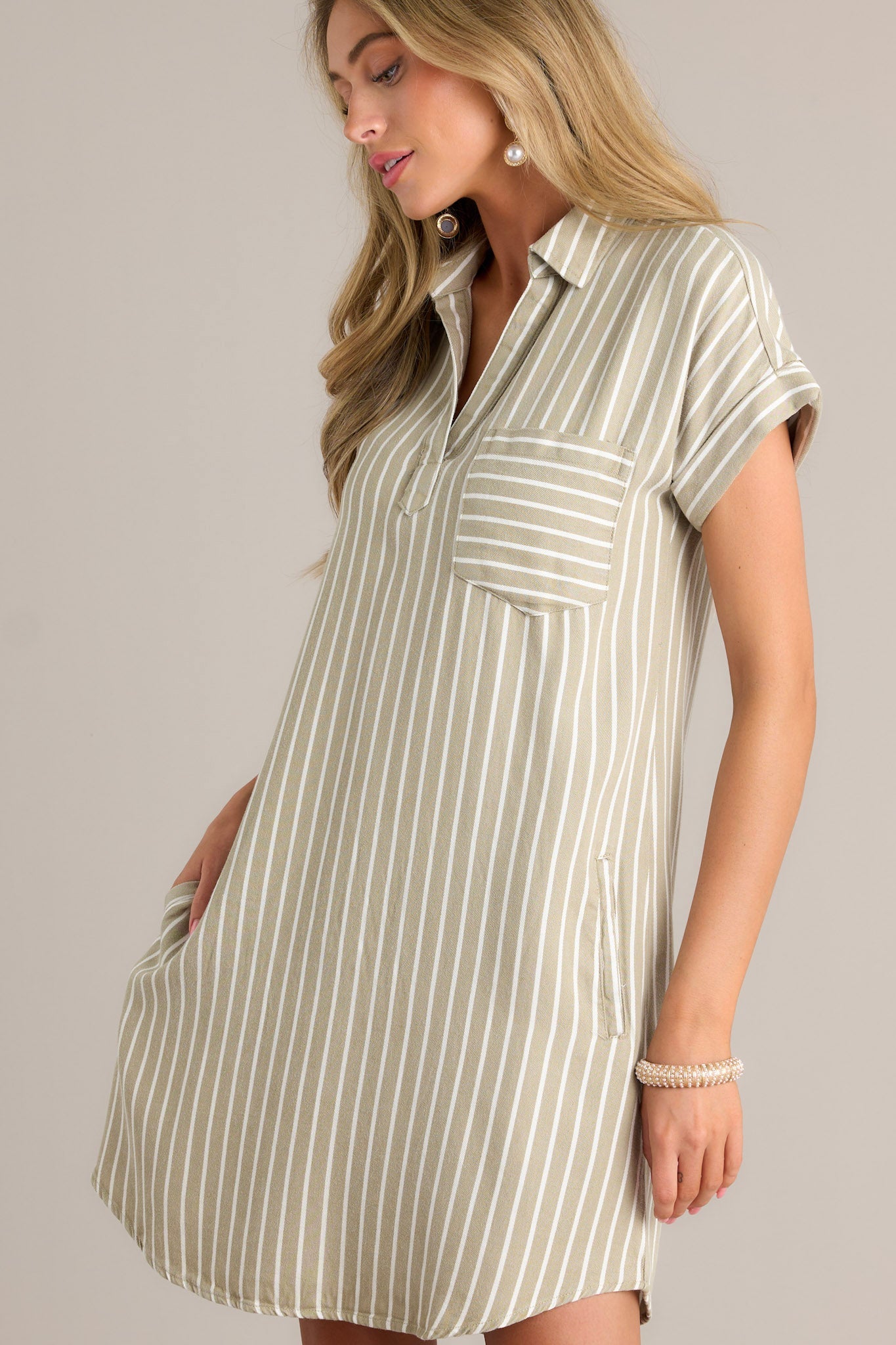 Linear Elegance Olive Green Stripe Mini Shirt Dress
