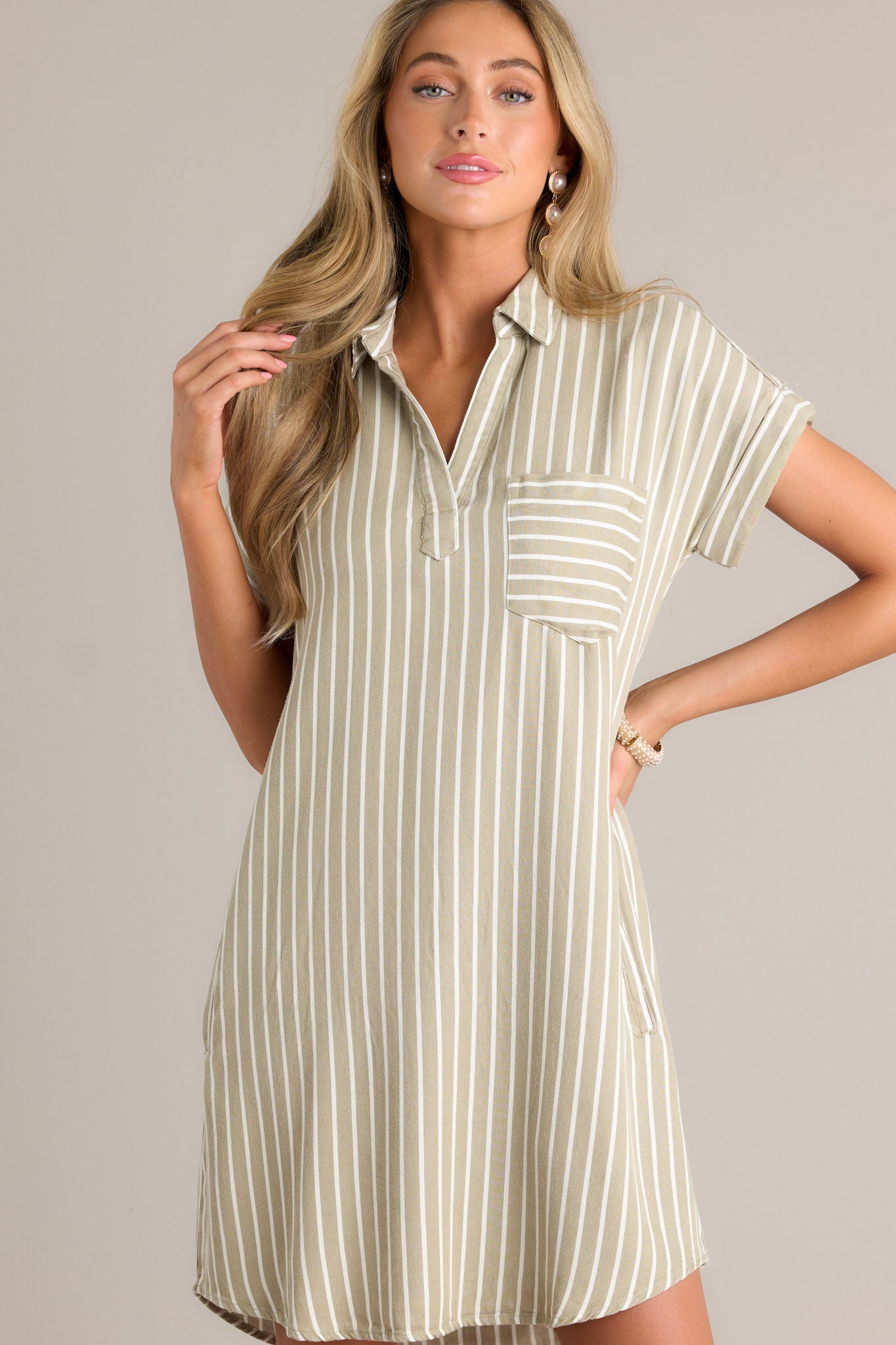 Linear Elegance Olive Green Stripe Mini Shirt Dress