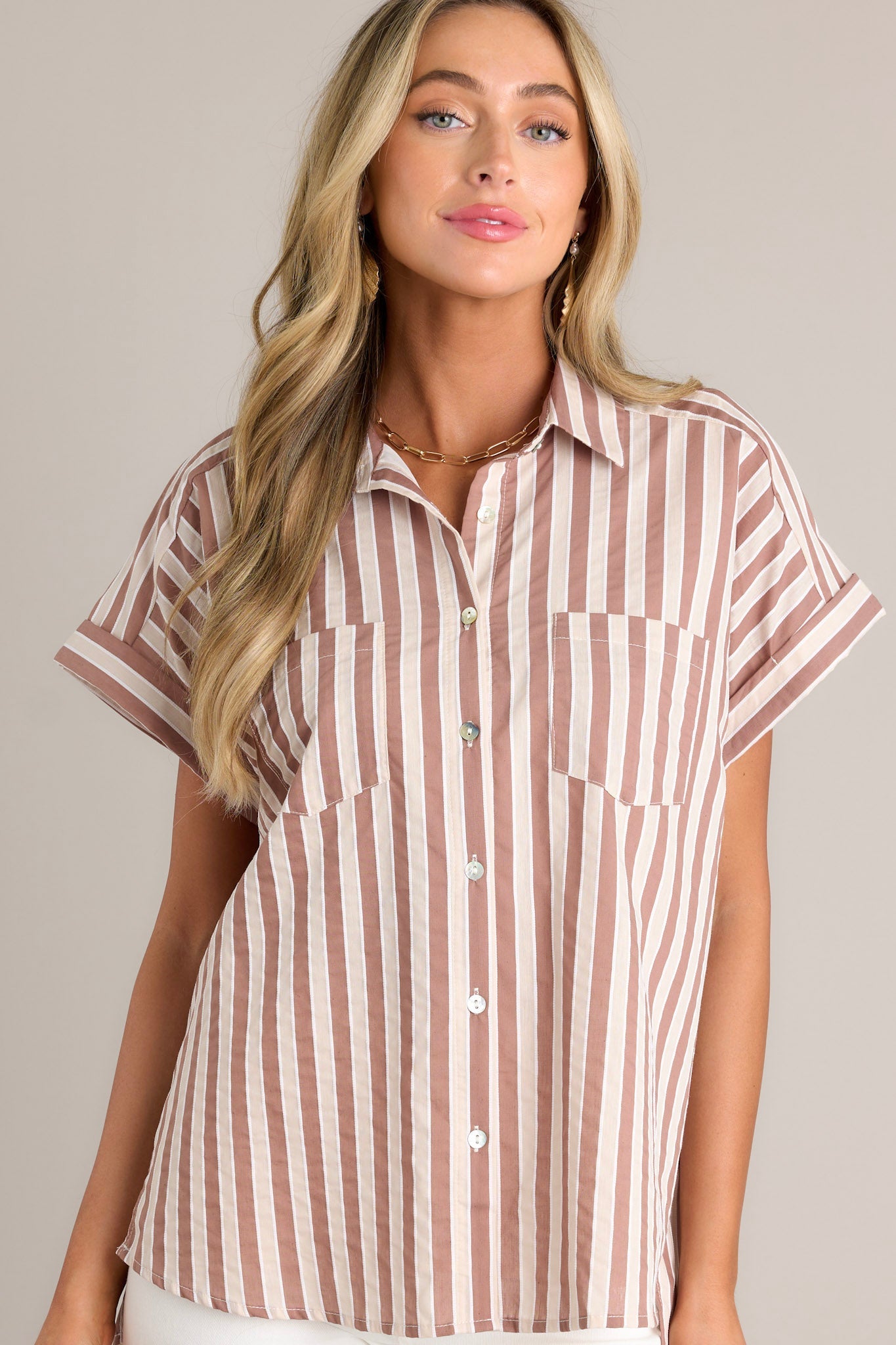 Timeless Choice Tan Stripe Button Front Top