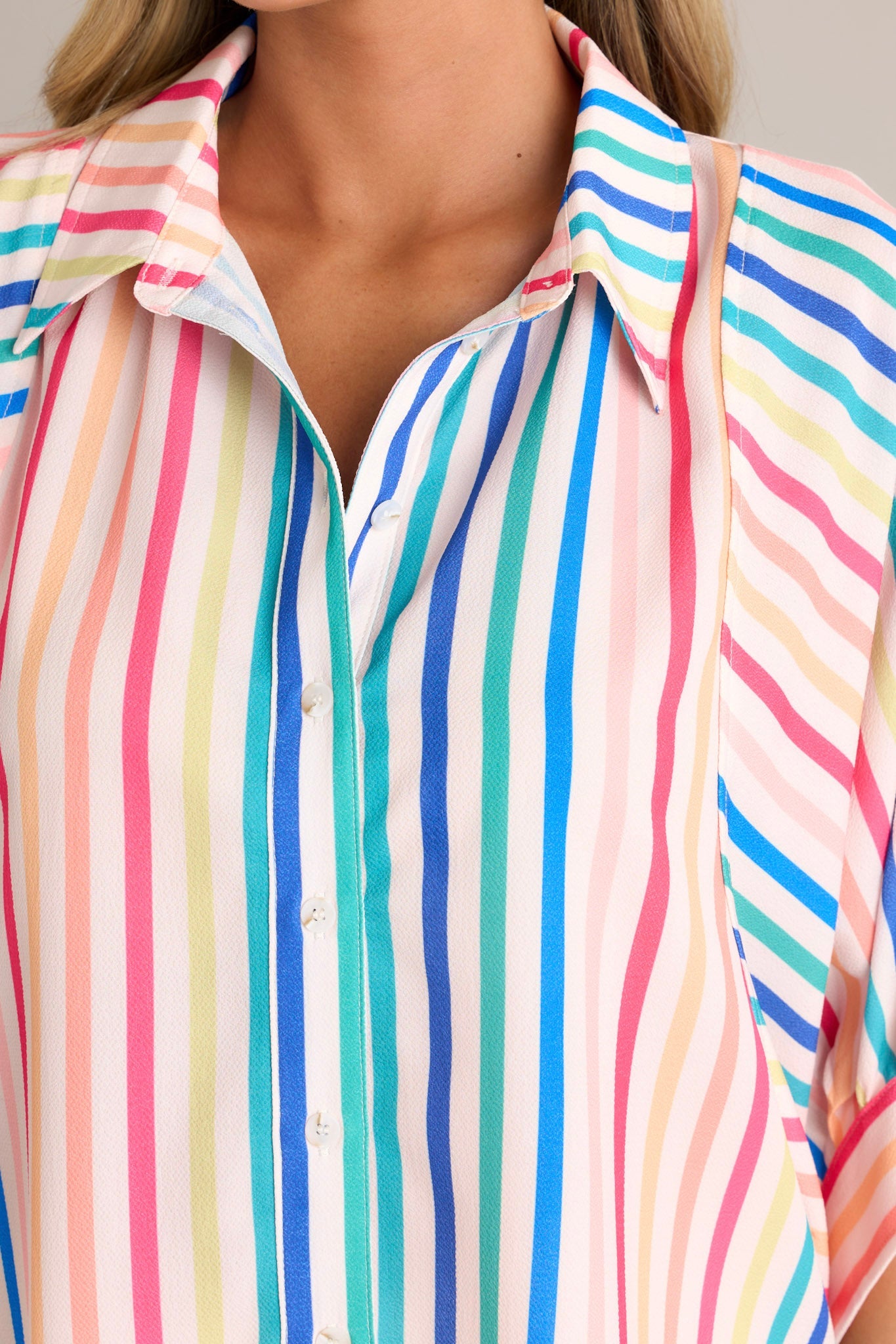Simple Sophistication Rainbow Stripe Button Front Top