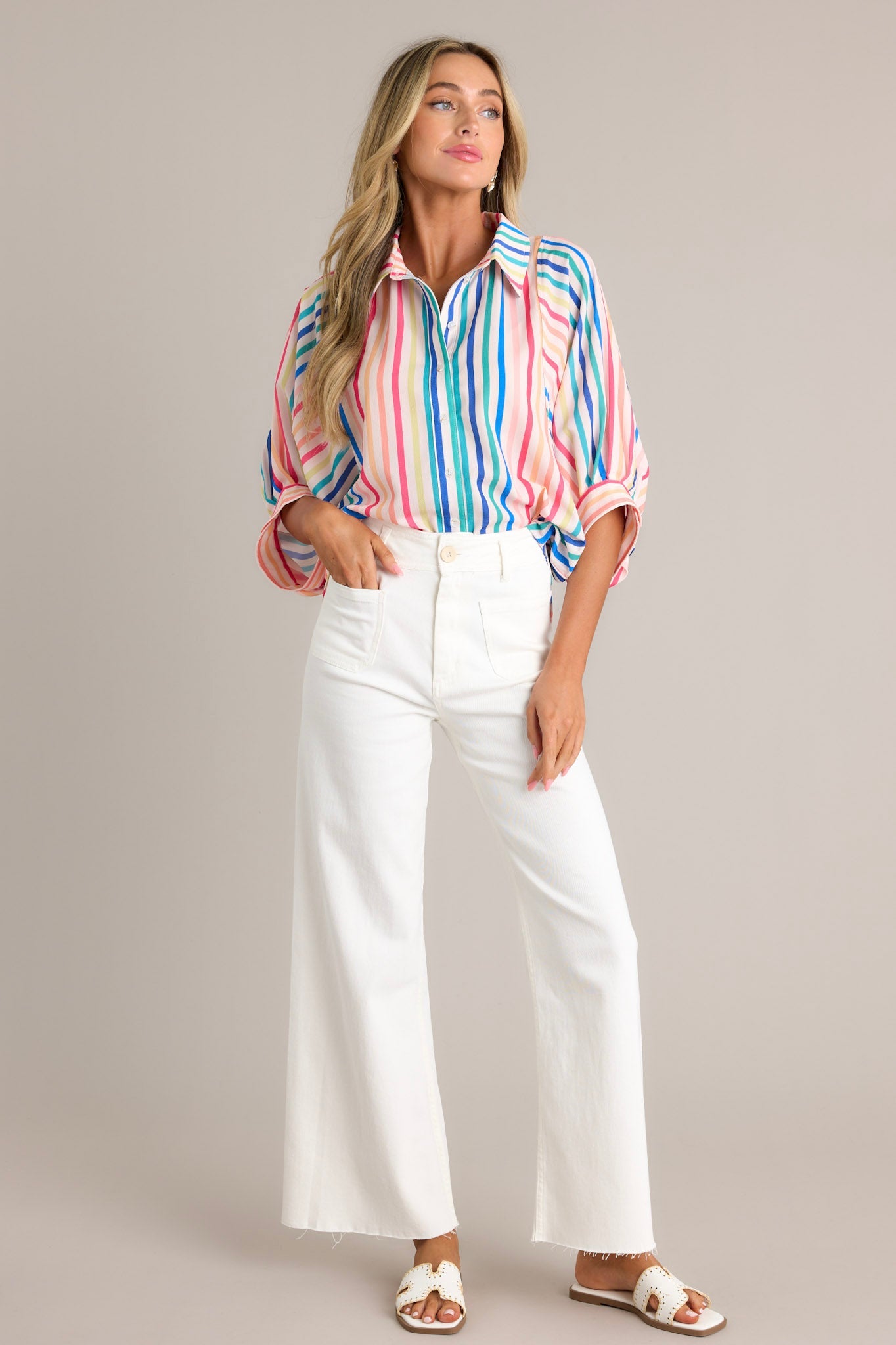 Simple Sophistication Rainbow Stripe Button Front Top