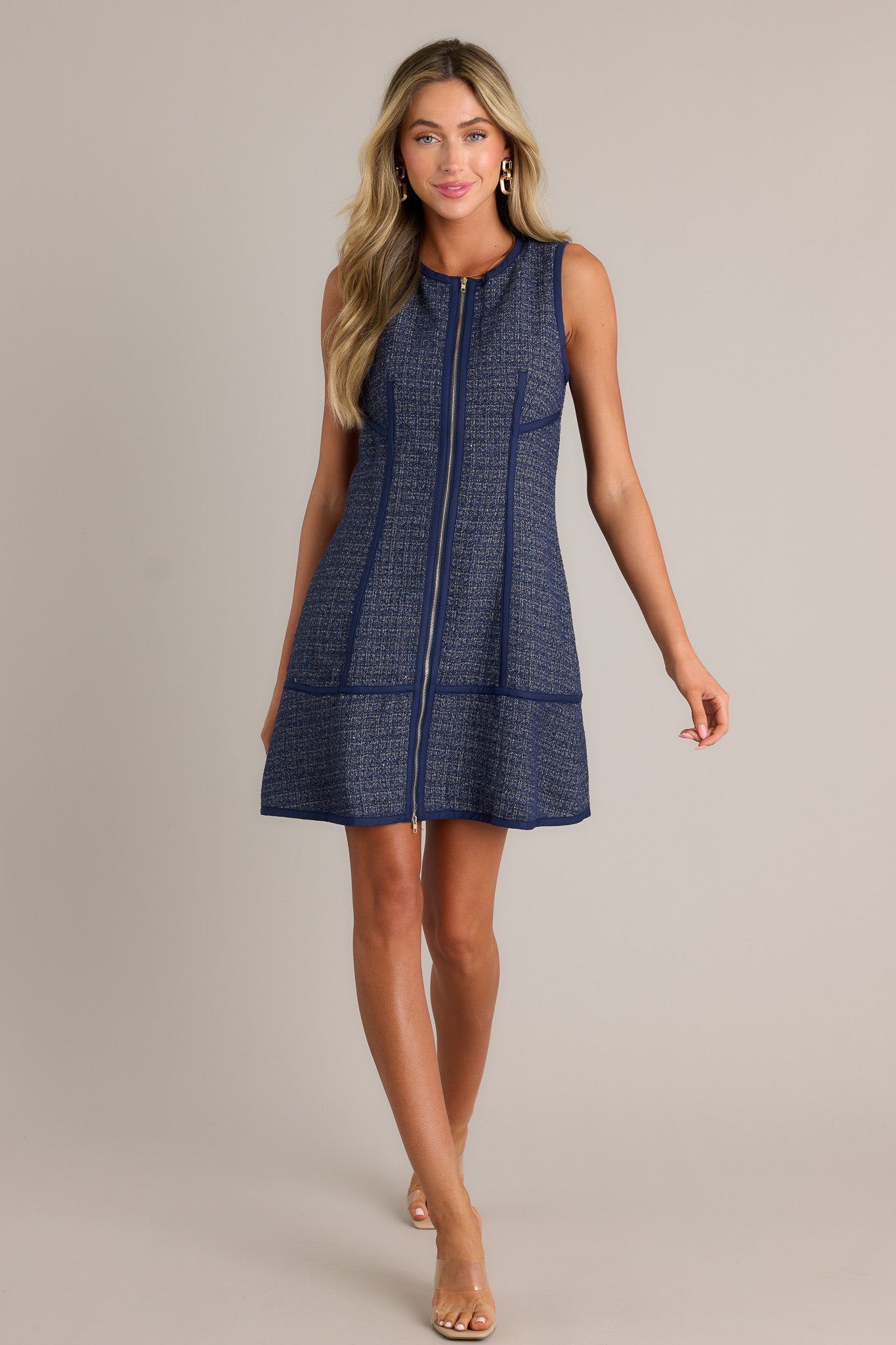 Posh Perfection Navy Tweed Zip Front Mini Dress
