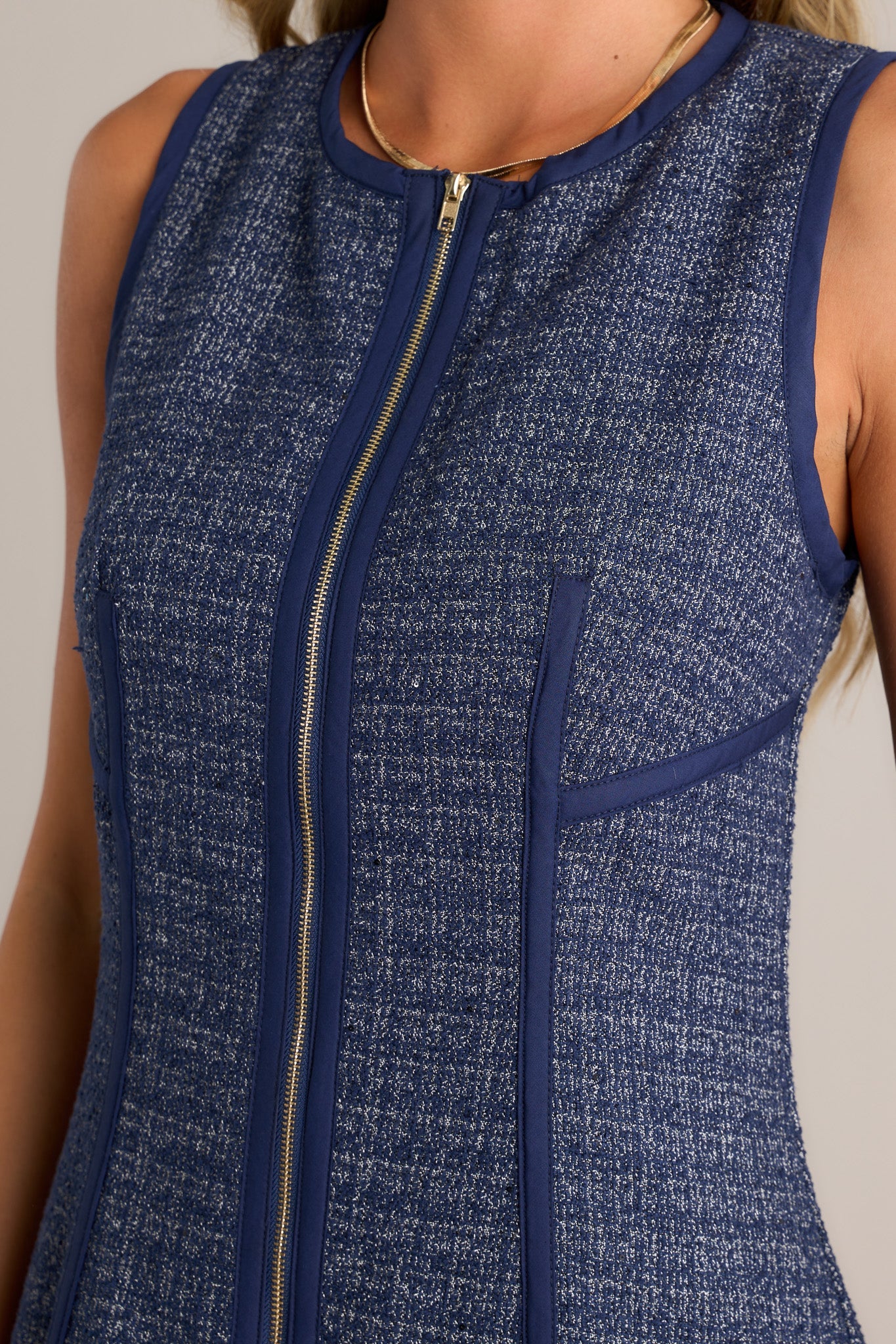 Posh Perfection Navy Tweed Zip Front Mini Dress
