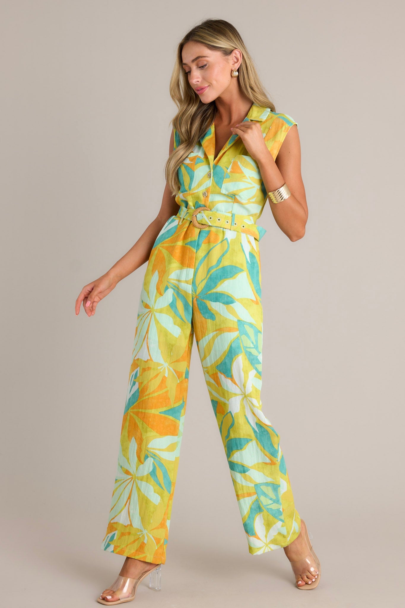 Sunset Glow Lime Green Tropical Print Belted Jumpsuit