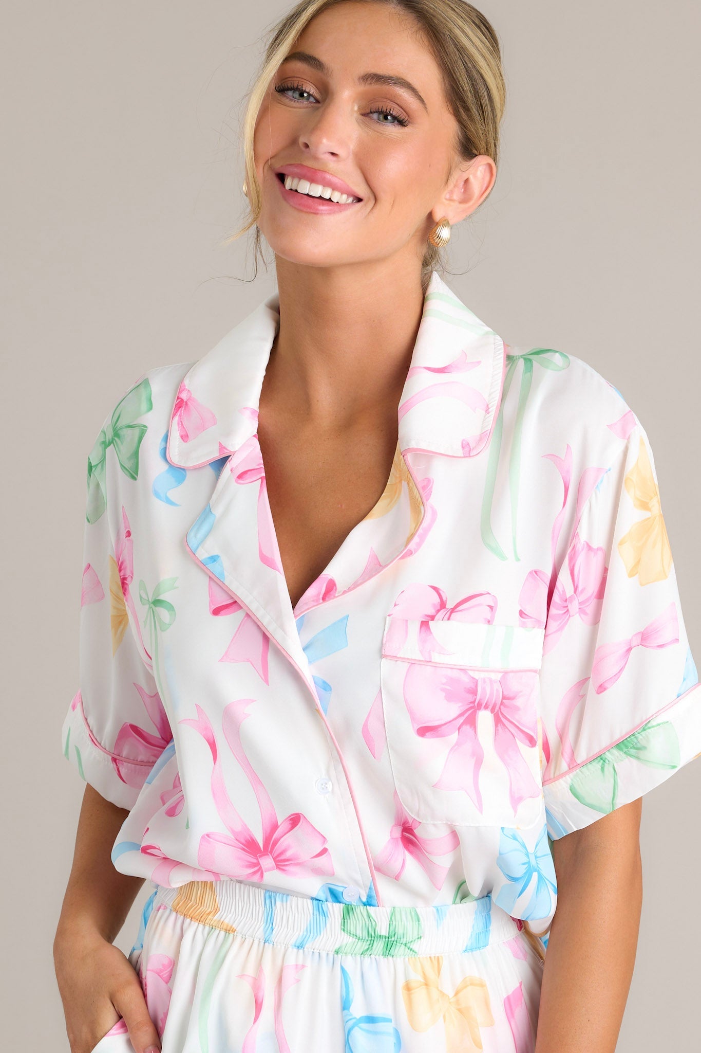 Nightly Necessities White Multi Bow Pajama Top