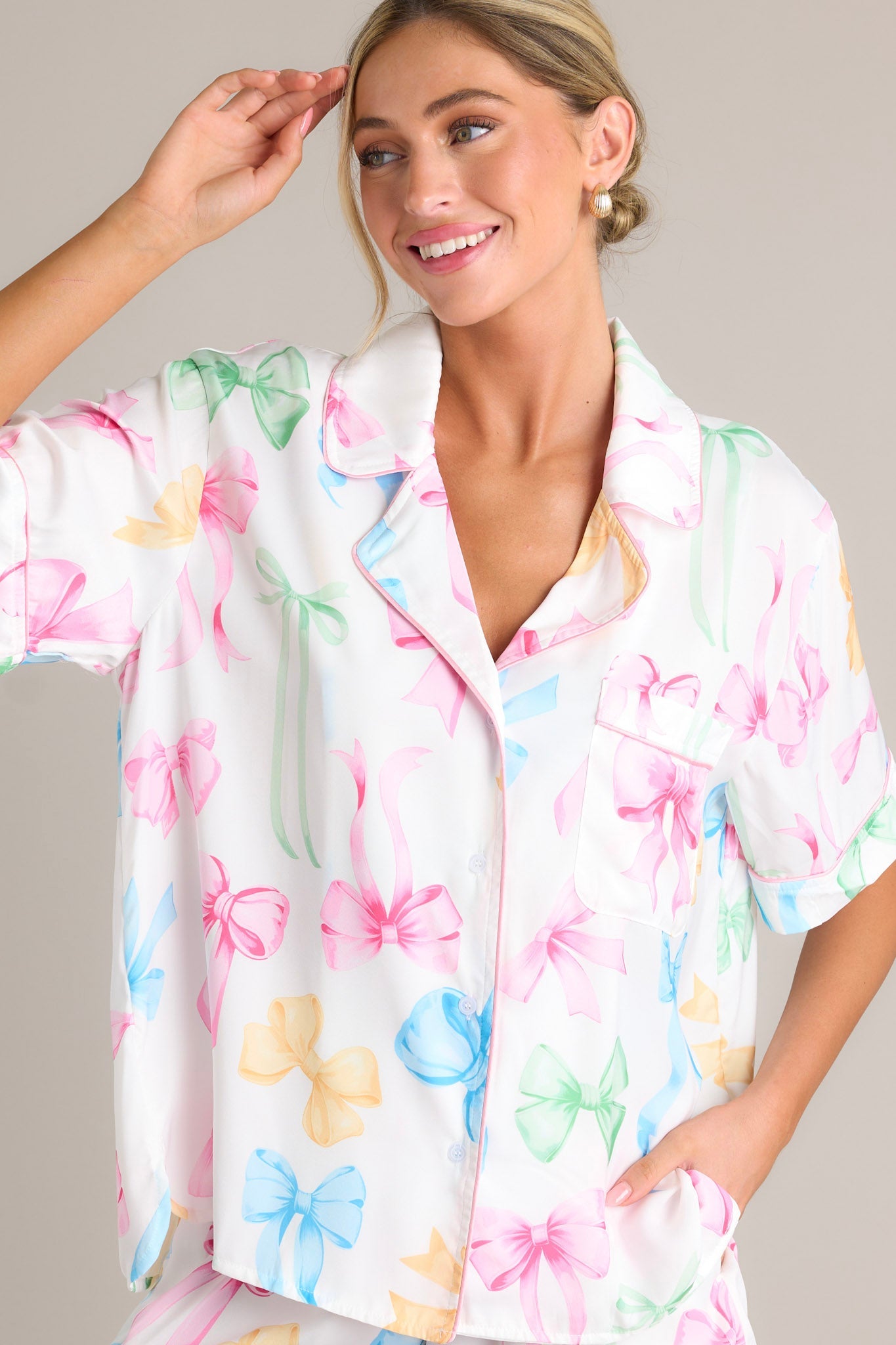 Nightly Necessities White Multi Bow Pajama Top
