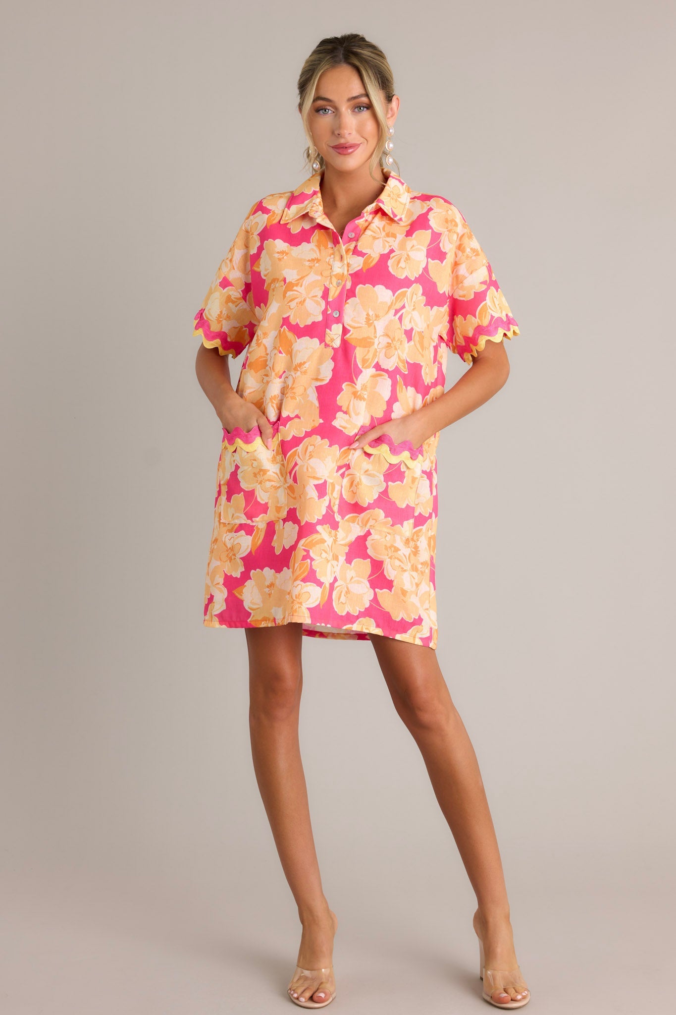 Seaside Serenity Pink Multi Floral Mini Shirt Dress