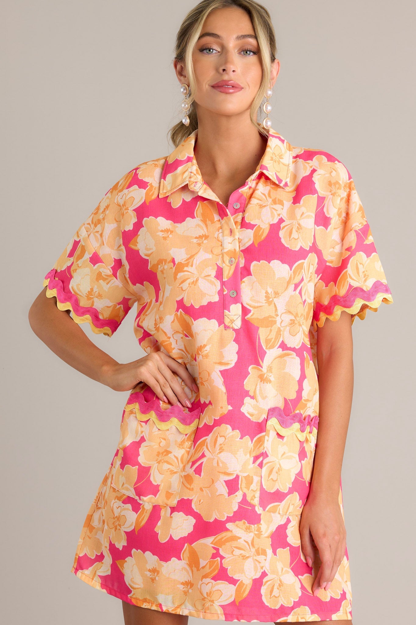 Seaside Serenity Pink Multi Floral Mini Shirt Dress
