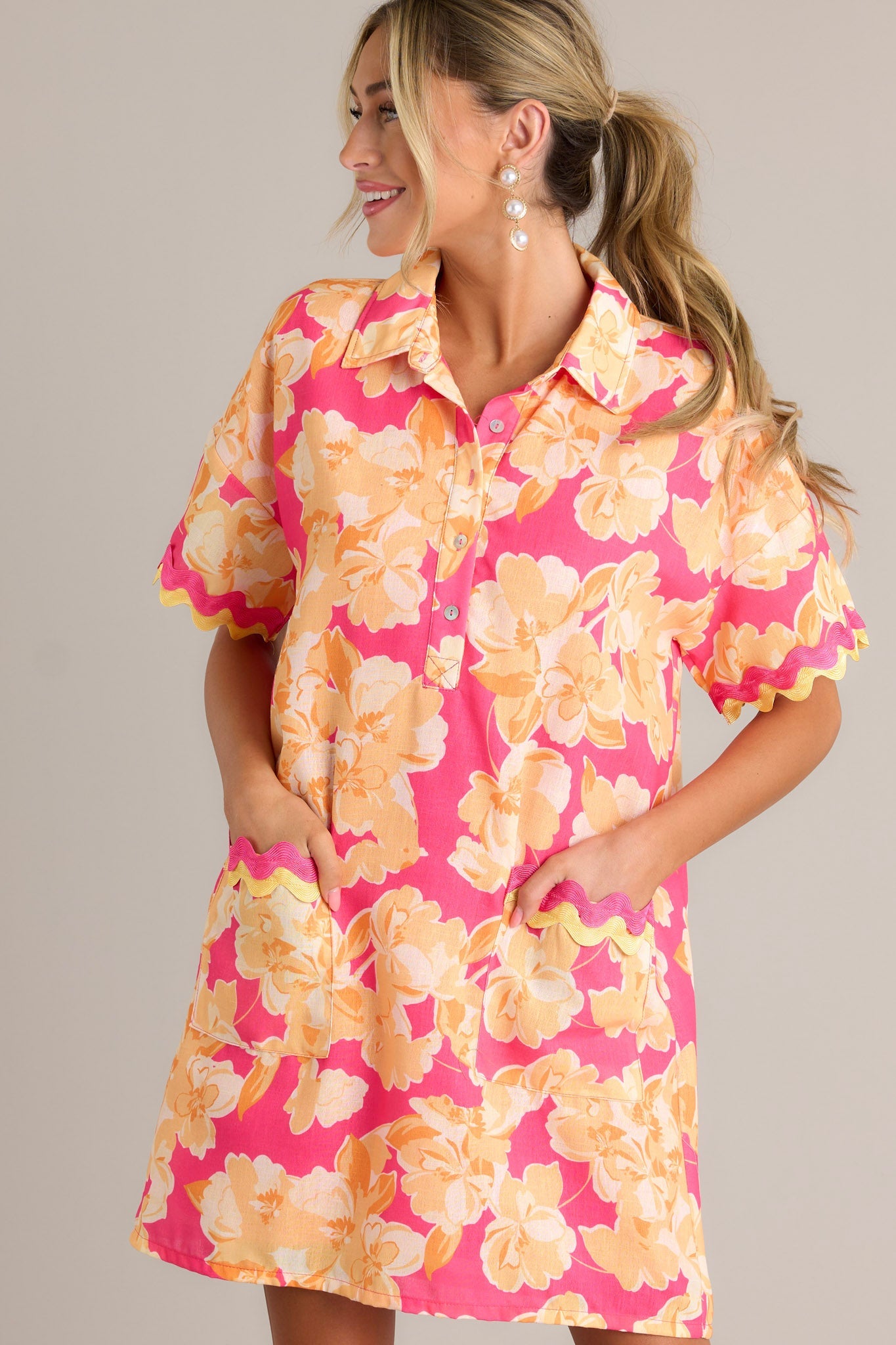 Seaside Serenity Pink Multi Floral Mini Shirt Dress