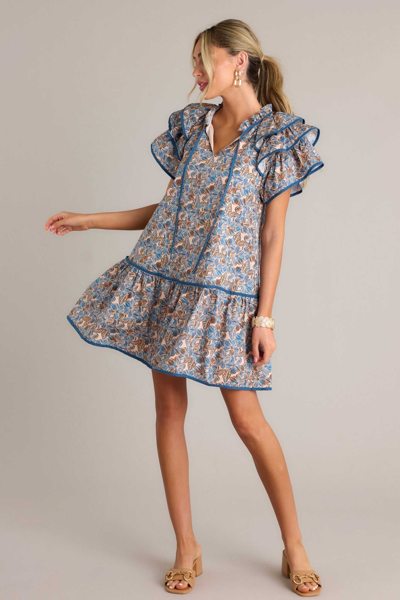 So Inspired 100% Cotton Blue Floral Mini Dress