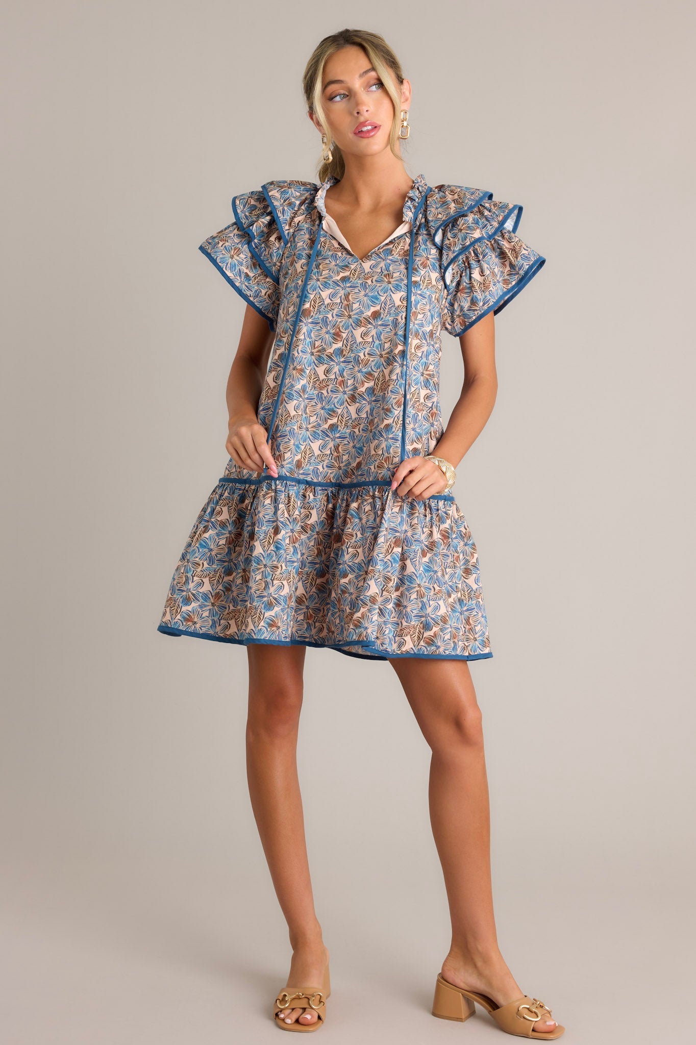 So Inspired 100% Cotton Blue Floral Mini Dress