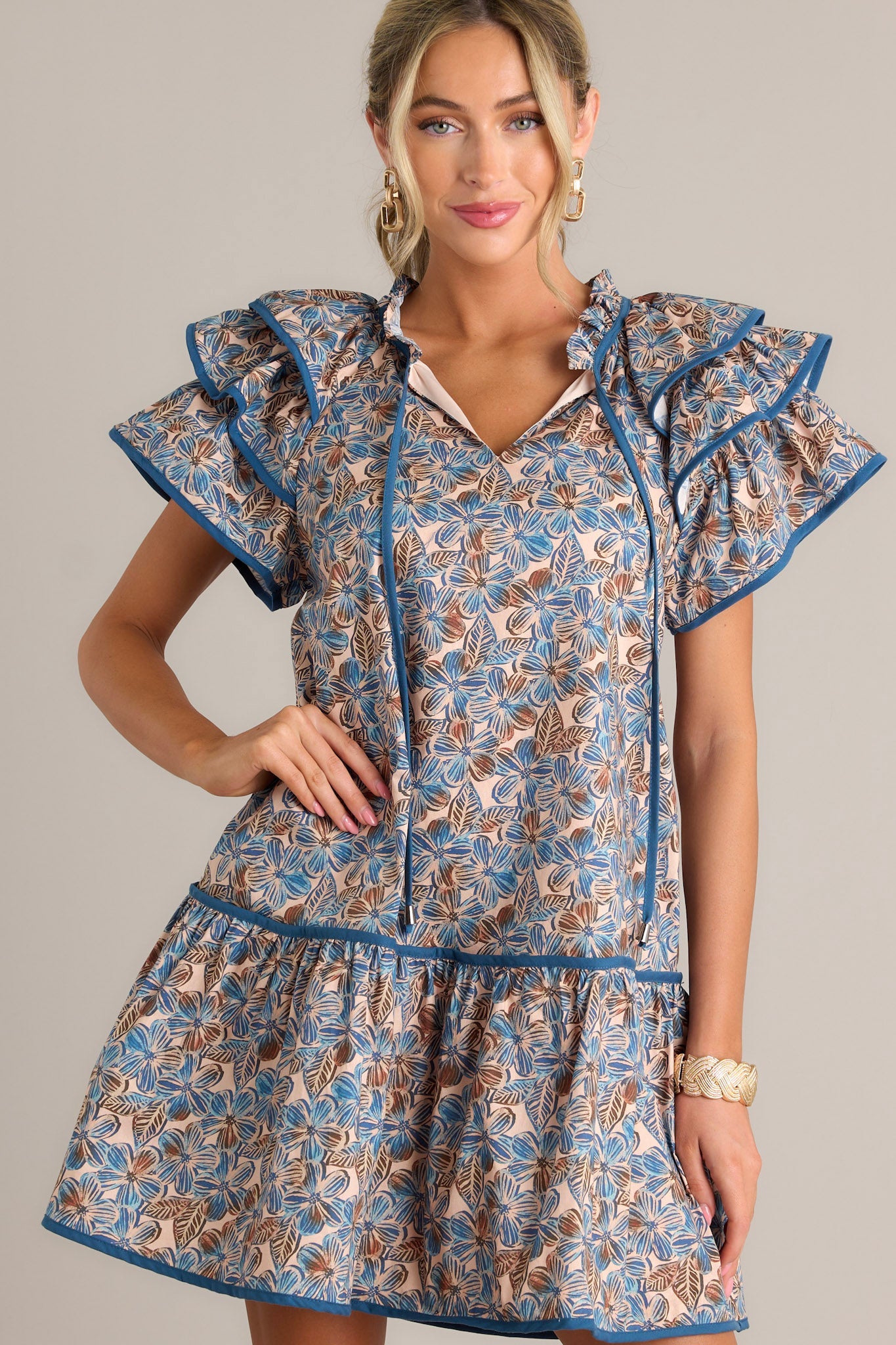 So Inspired 100% Cotton Blue Floral Mini Dress