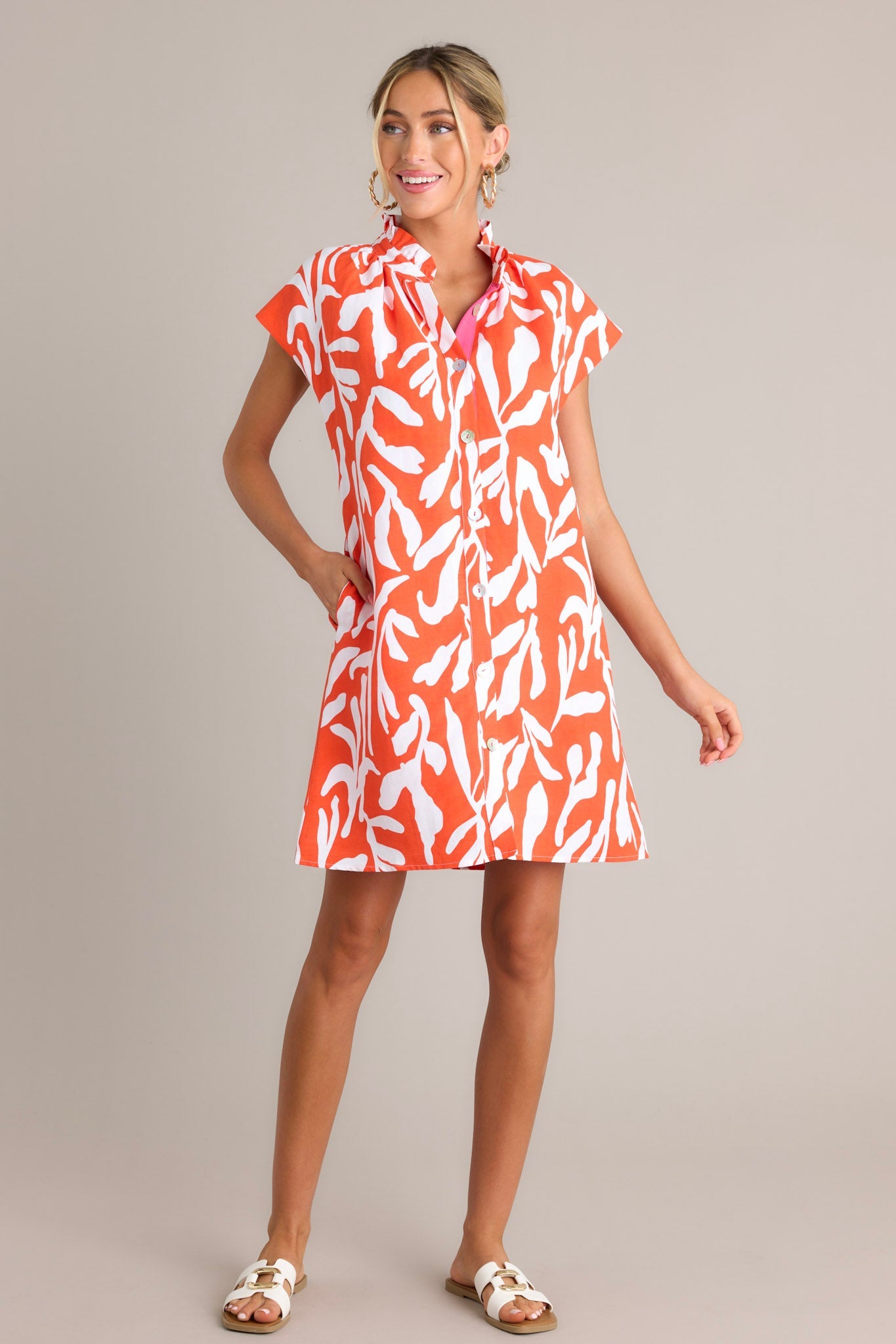 Life's Compass Red Orange Abstract Floral Button Front Mini Dress