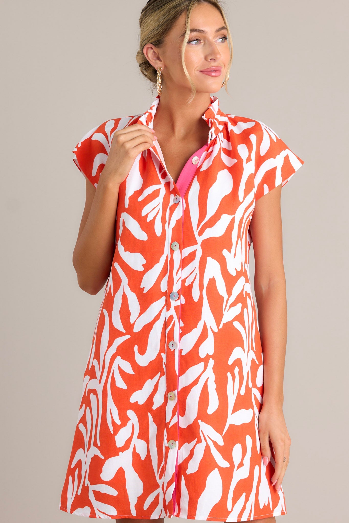 Life's Compass Red Orange Abstract Floral Button Front Mini Dress