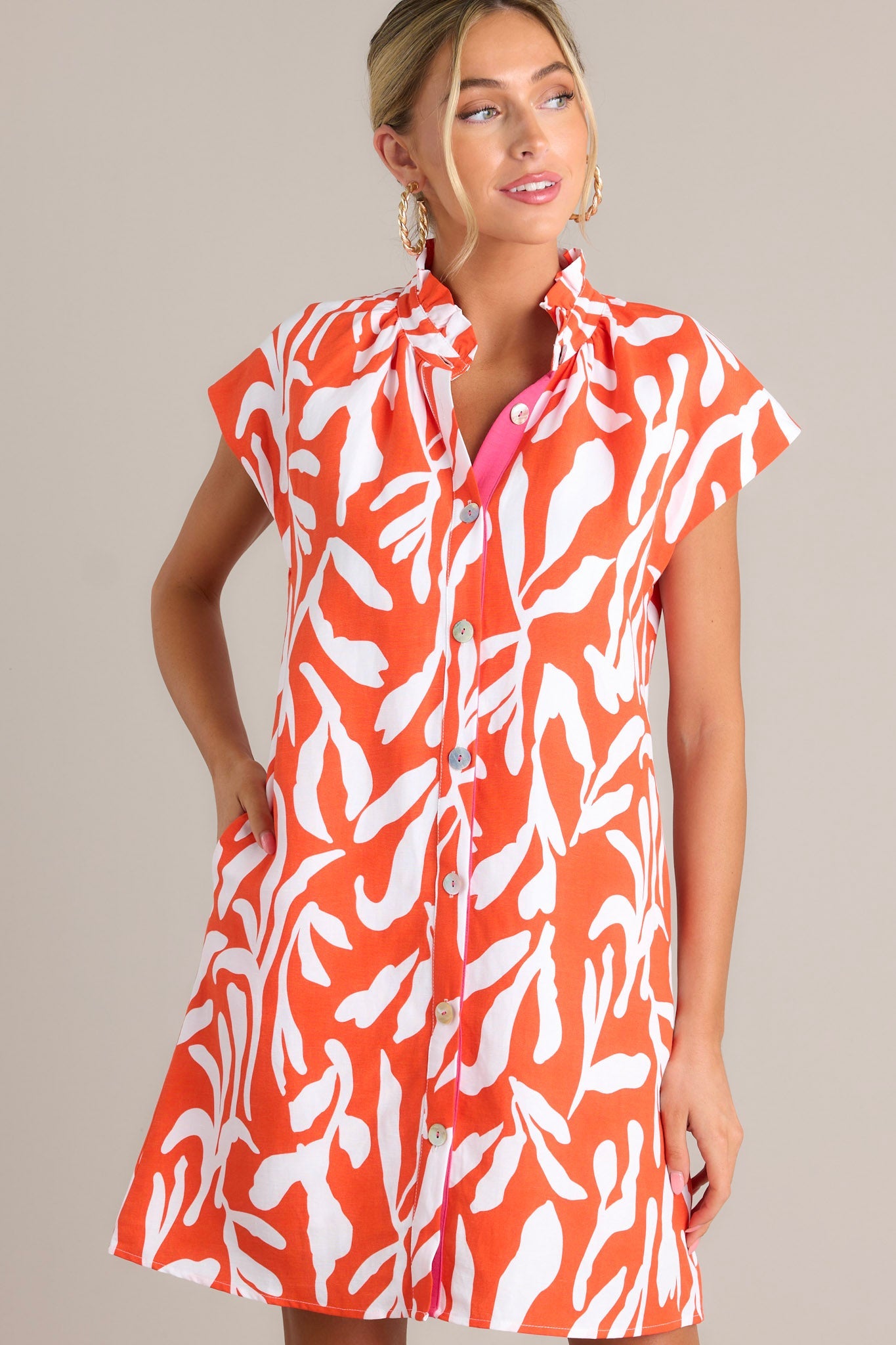 Life's Compass Red Orange Abstract Floral Button Front Mini Dress