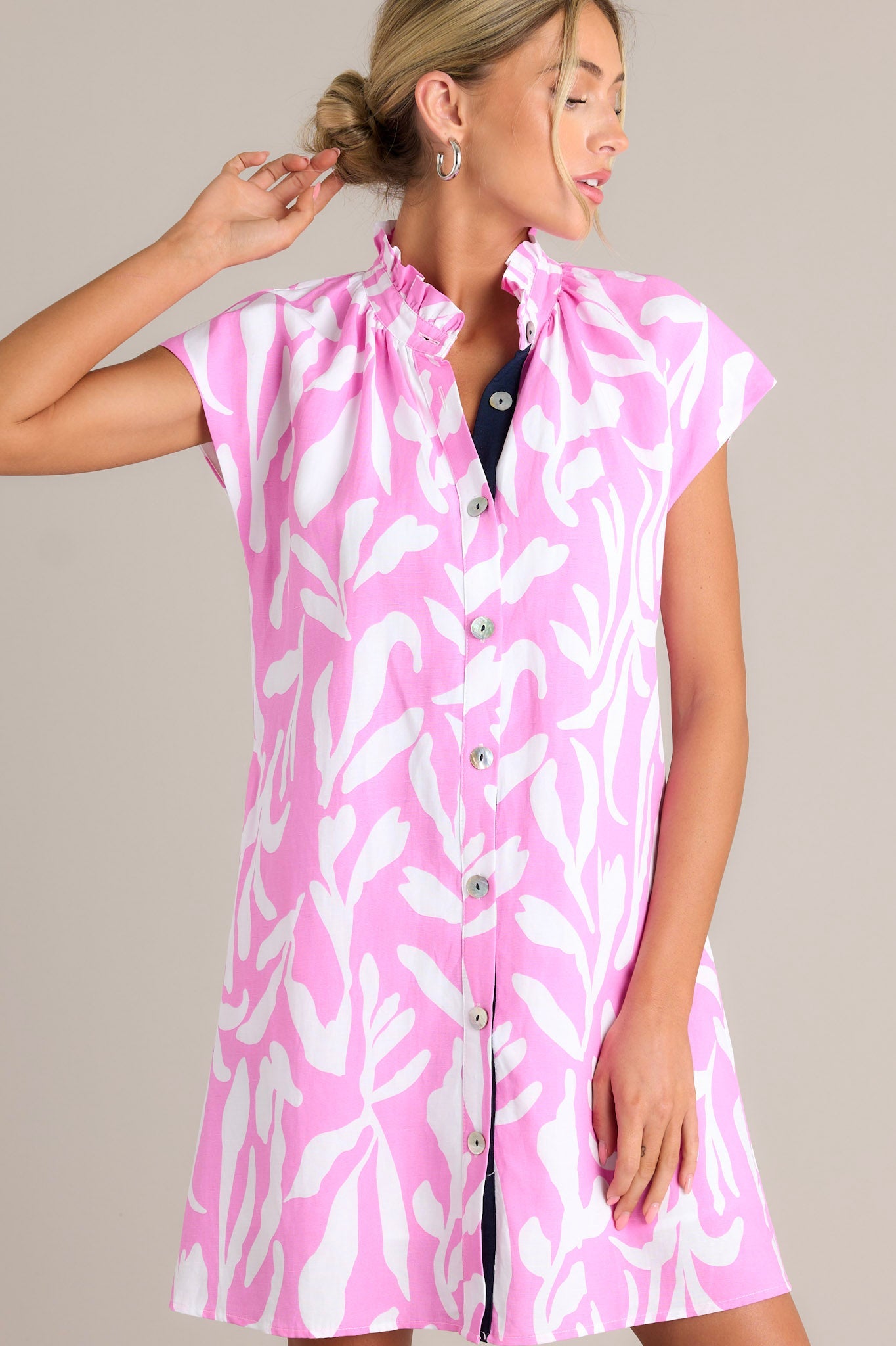 Life's Compass Pink Abstract Floral Button Front Mini Dress