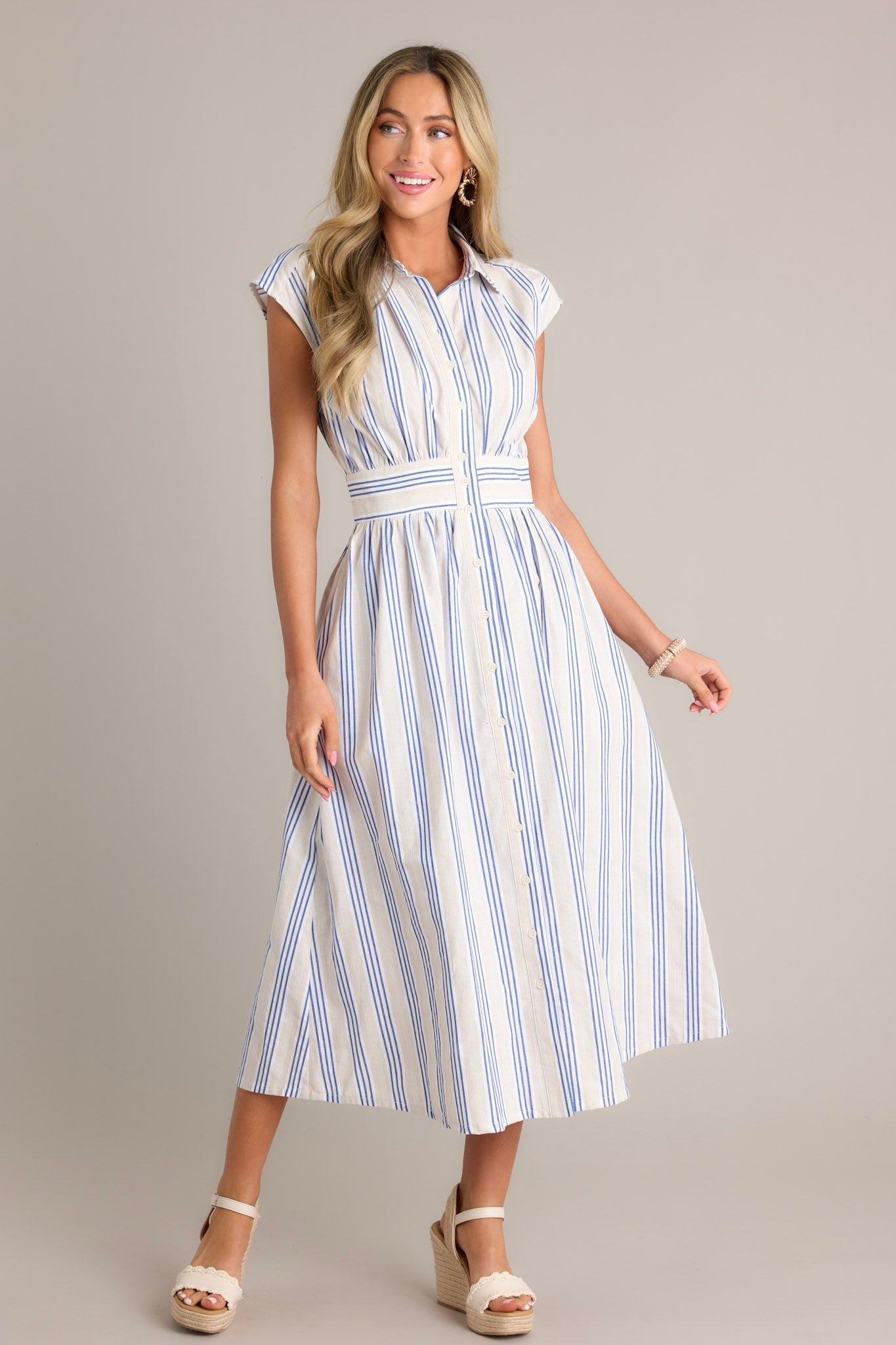 True Classic 100% Cotton Blue Stripe Midi Shirt Dress