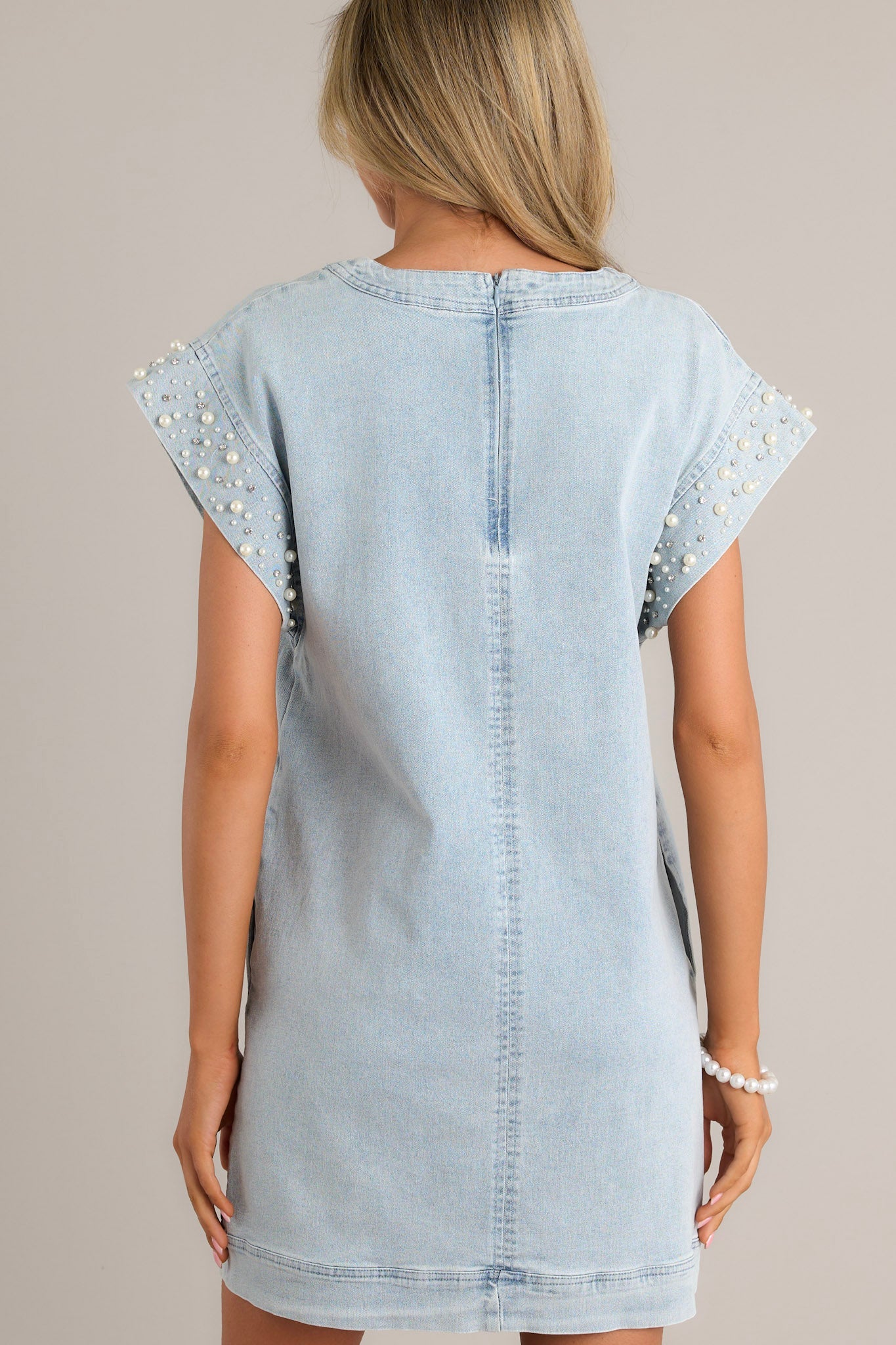 Purely Posh Light Wash Cap Sleeve Mini Dress