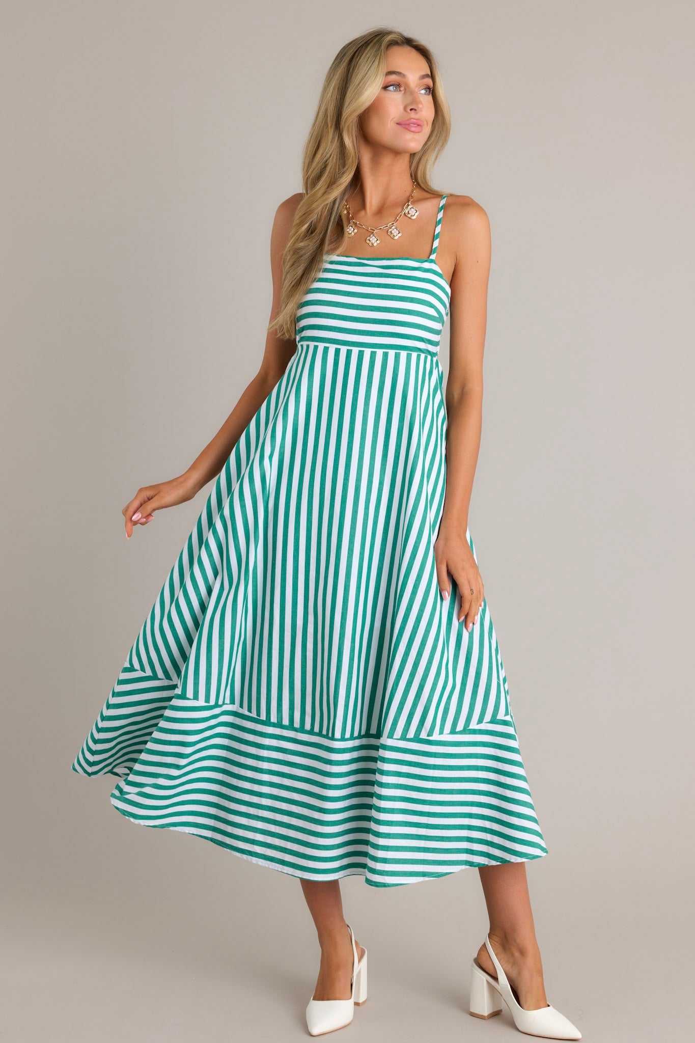 Serene Stunner 100% Cotton Green Stripe Midi Dress