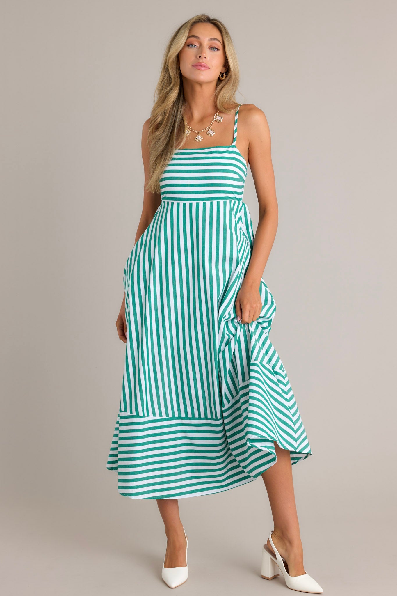 Serene Stunner 100% Cotton Green Stripe Midi Dress