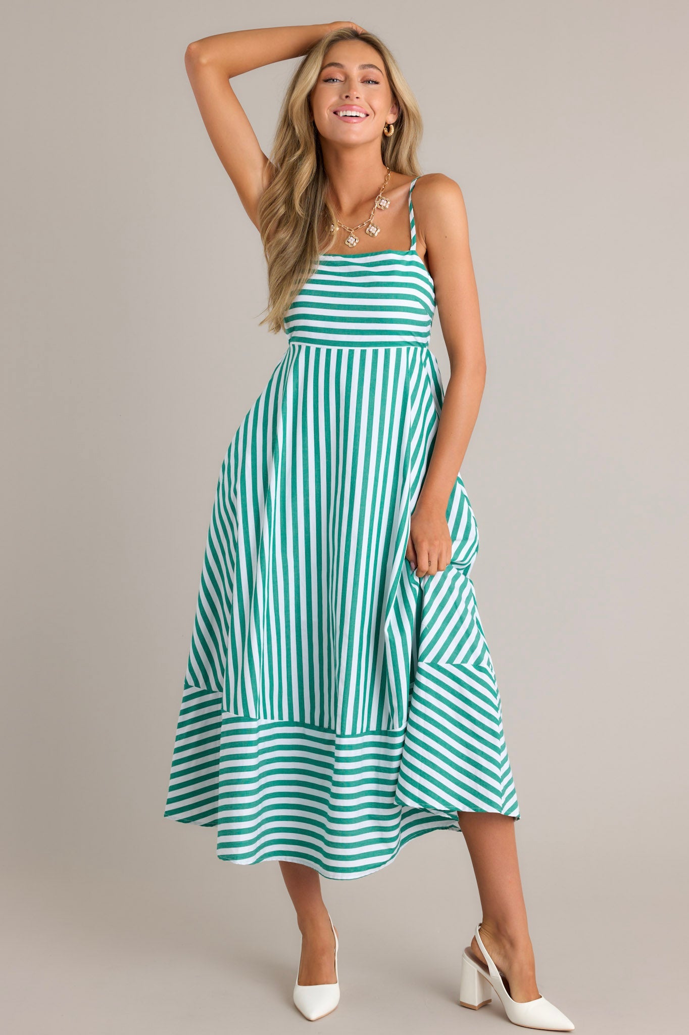 Serene Stunner 100% Cotton Green Stripe Midi Dress