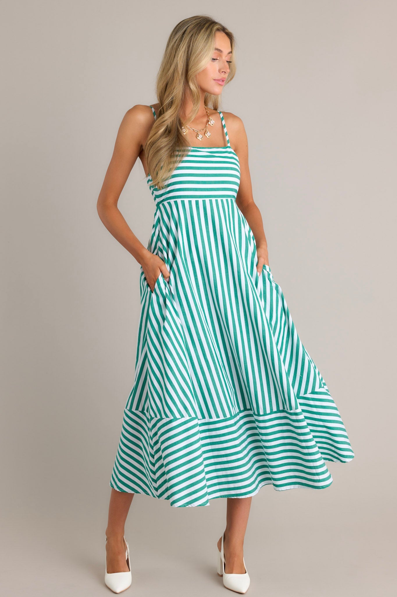 Serene Stunner 100% Cotton Green Stripe Midi Dress