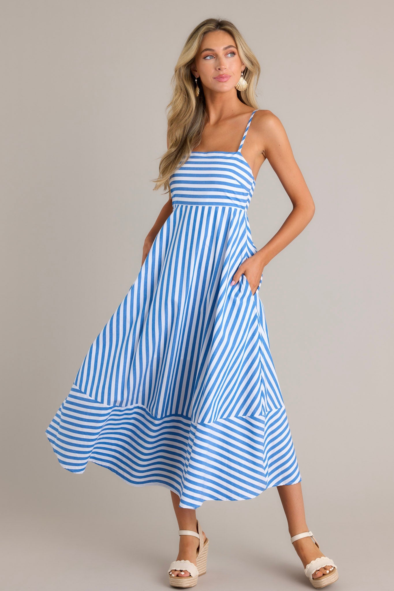 Serene Stunner 100% Cotton Blue Stripe Midi Dress