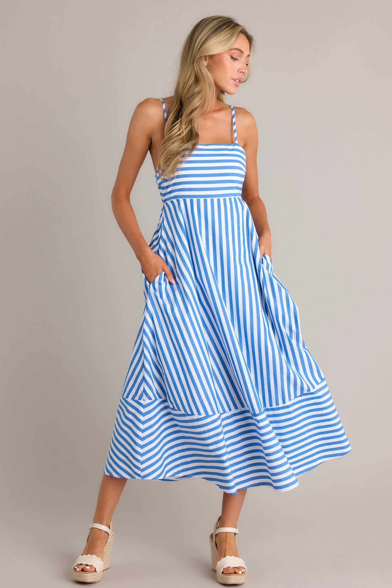 Serene Stunner 100% Cotton Blue Stripe Midi Dress