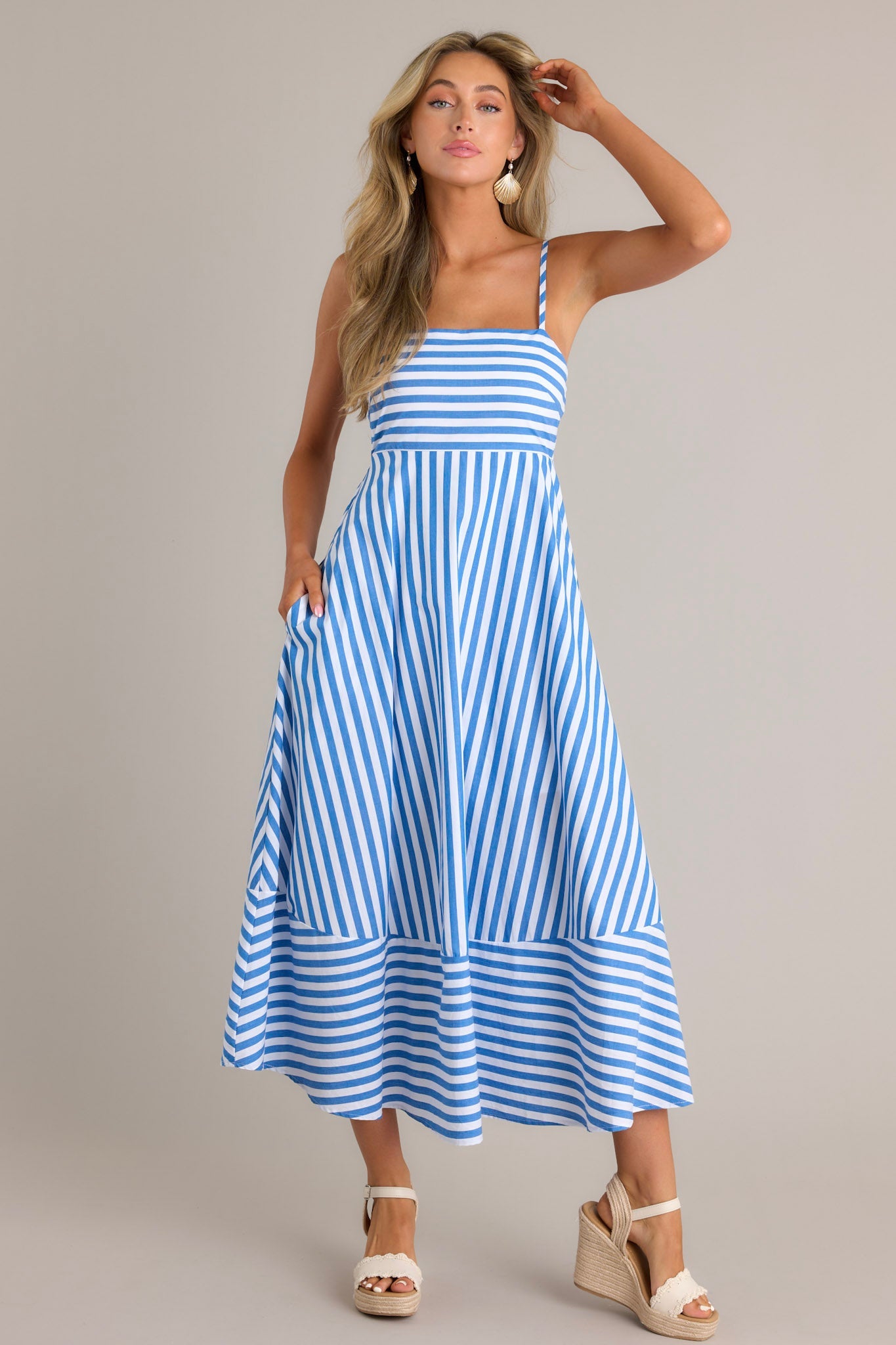 Serene Stunner 100% Cotton Blue Stripe Midi Dress