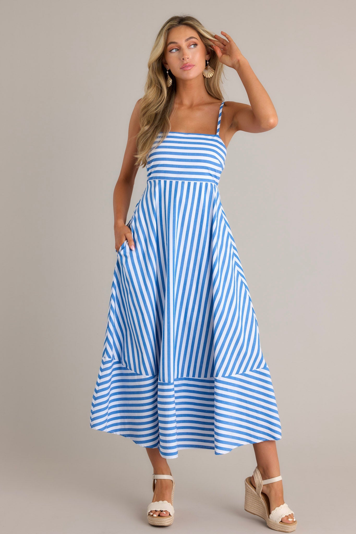 Serene Stunner 100% Cotton Blue Stripe Midi Dress