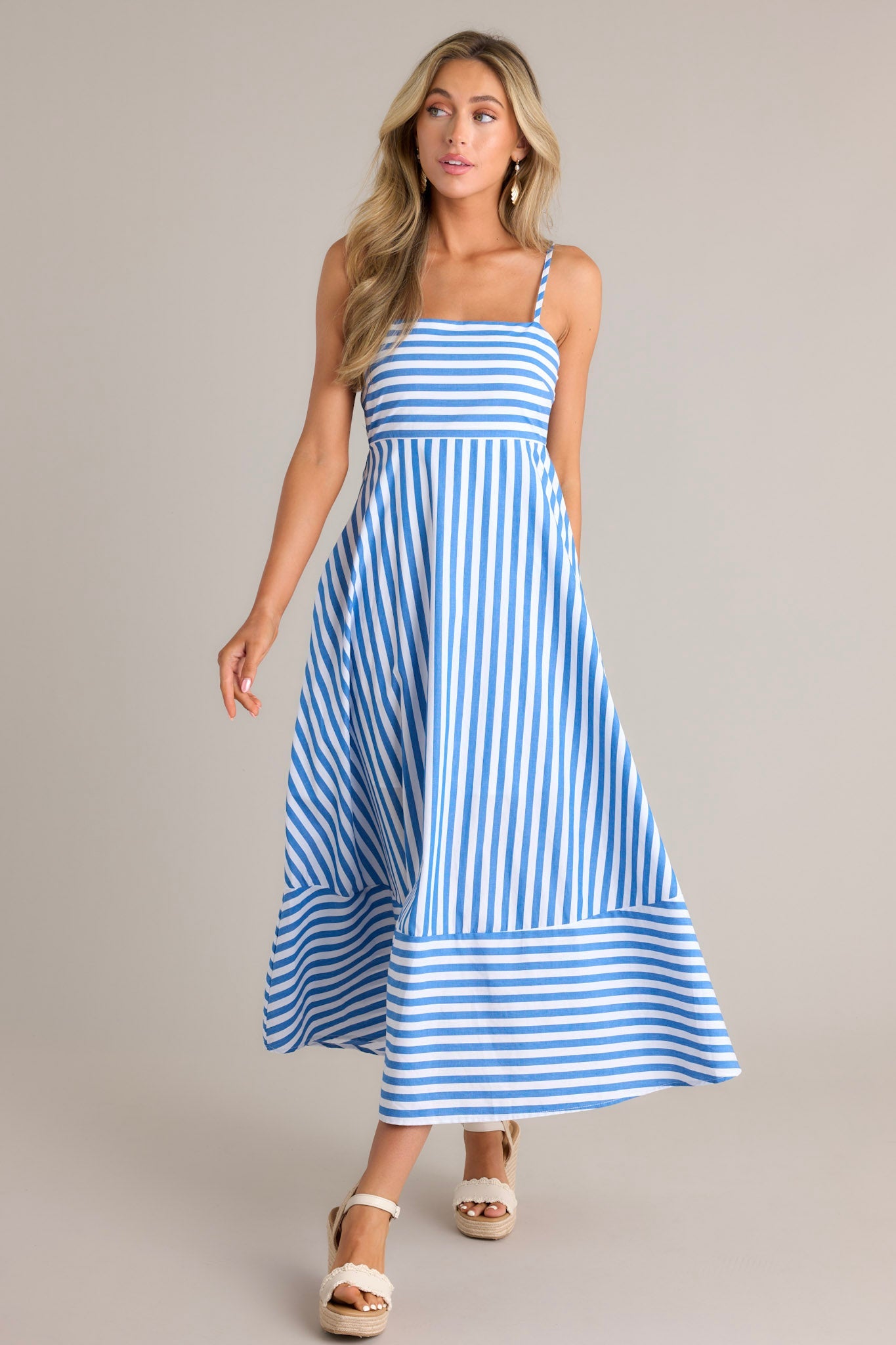 Serene Stunner 100% Cotton Blue Stripe Midi Dress