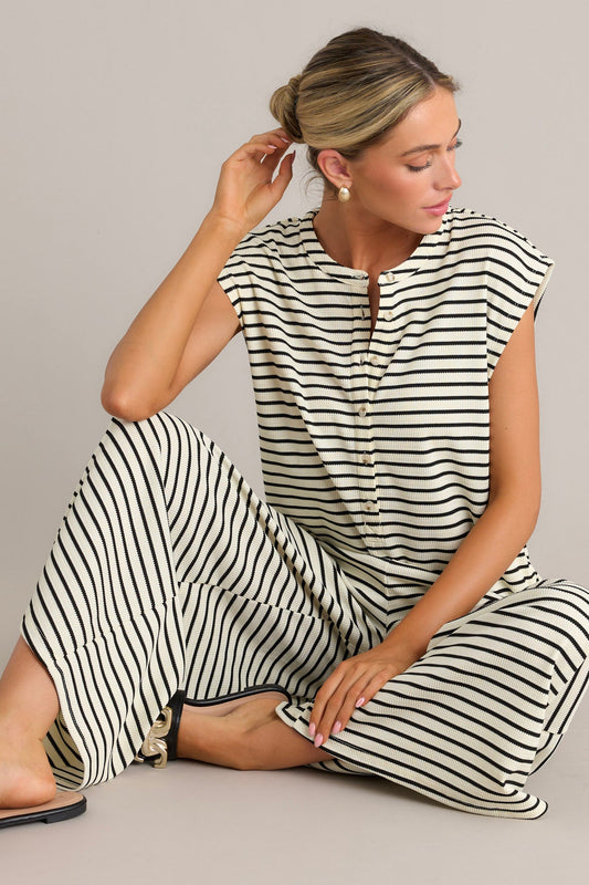 Linear Allure Black Stripe Textured Jumpsuit