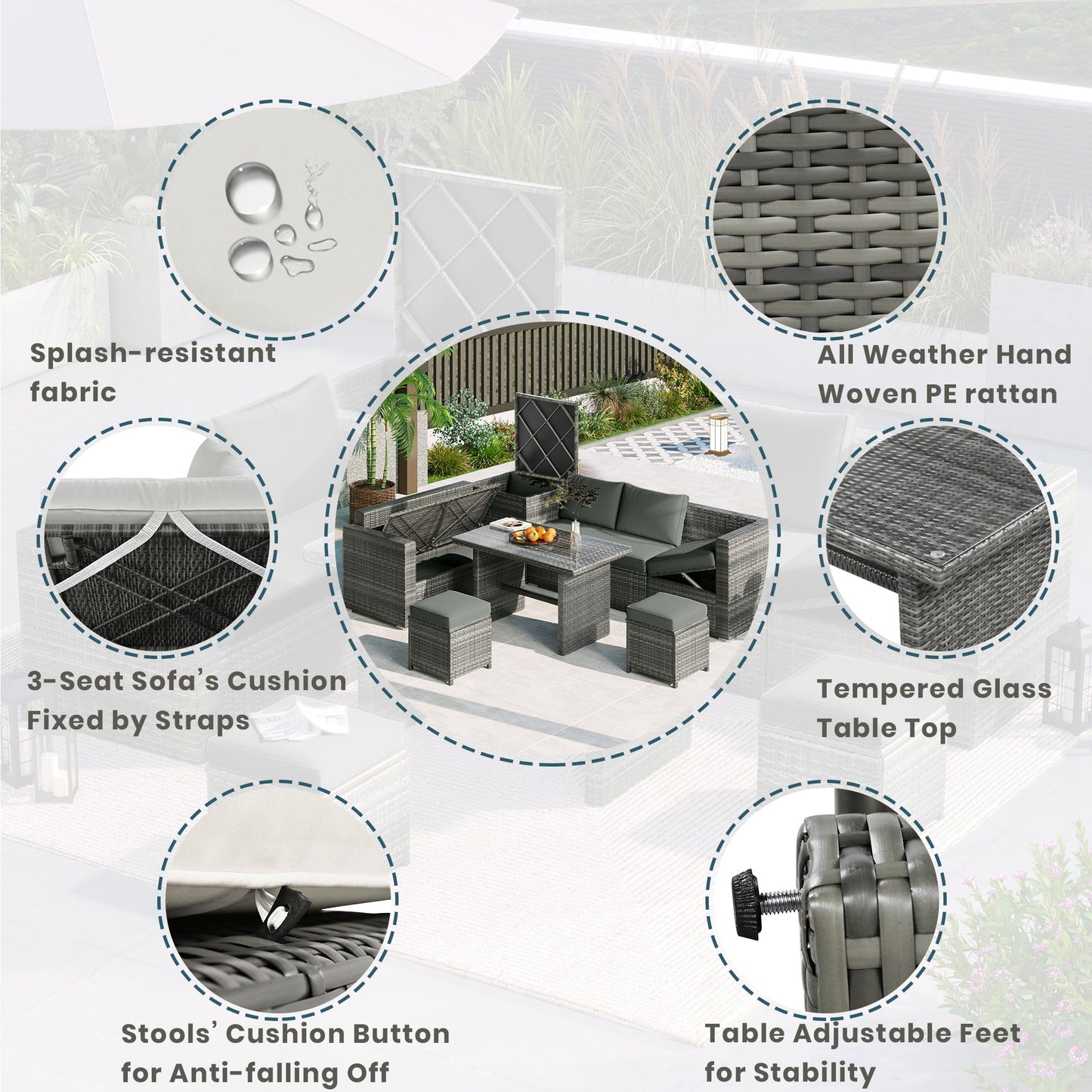 6 Piece Outdoor Sectional Sofa Set with Adjustable Seat, Storage Box and Removable Covers