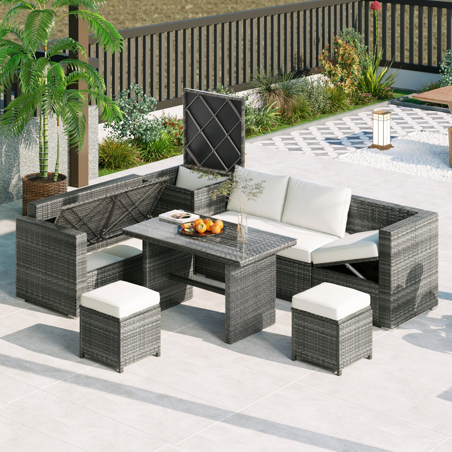 6 Piece Outdoor Sectional Sofa Set with Adjustable Seat, Storage Box and Removable Covers