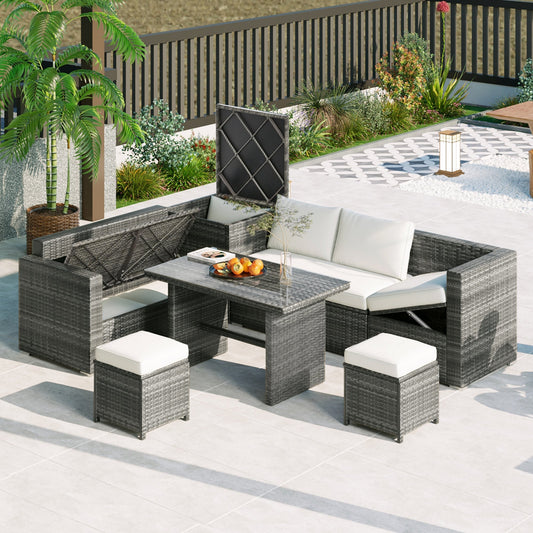6 Piece Outdoor Sectional Sofa Set with Adjustable Seat, Storage Box and Removable Covers