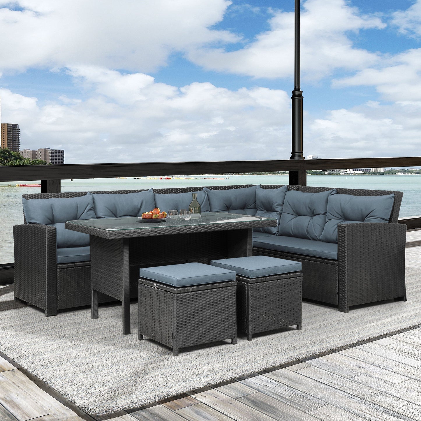 6 Piece Patio Sectional Sofa Set with Glass Table and Ottomans