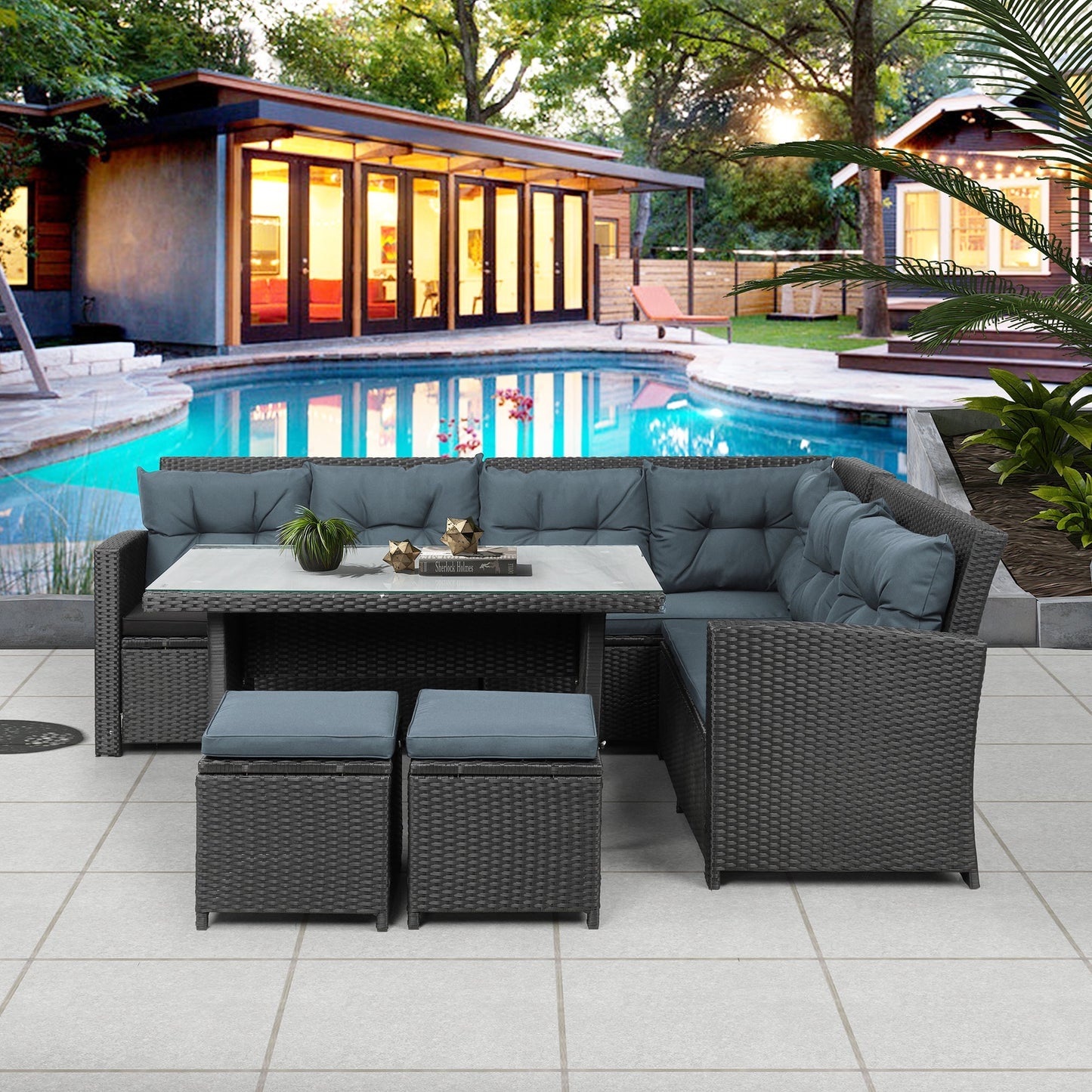 6 Piece Patio Sectional Sofa Set with Glass Table and Ottomans