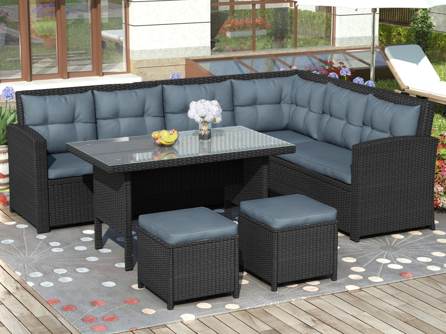 6 Piece Patio Sectional Sofa Set with Glass Table and Ottomans