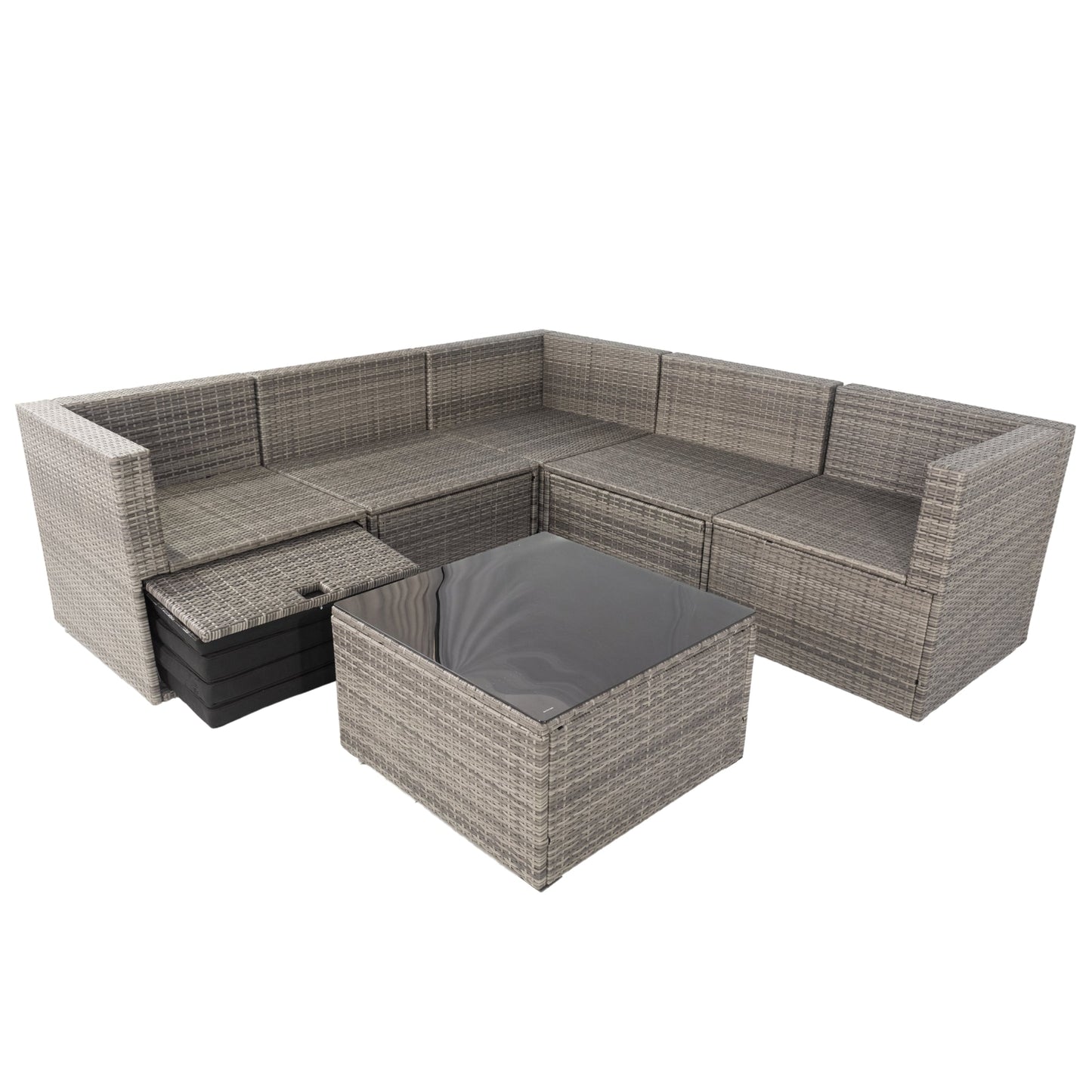 6 Pieces PE Rattan Outdoor Sectional Set with 3 Storage Under Seat and Cushion