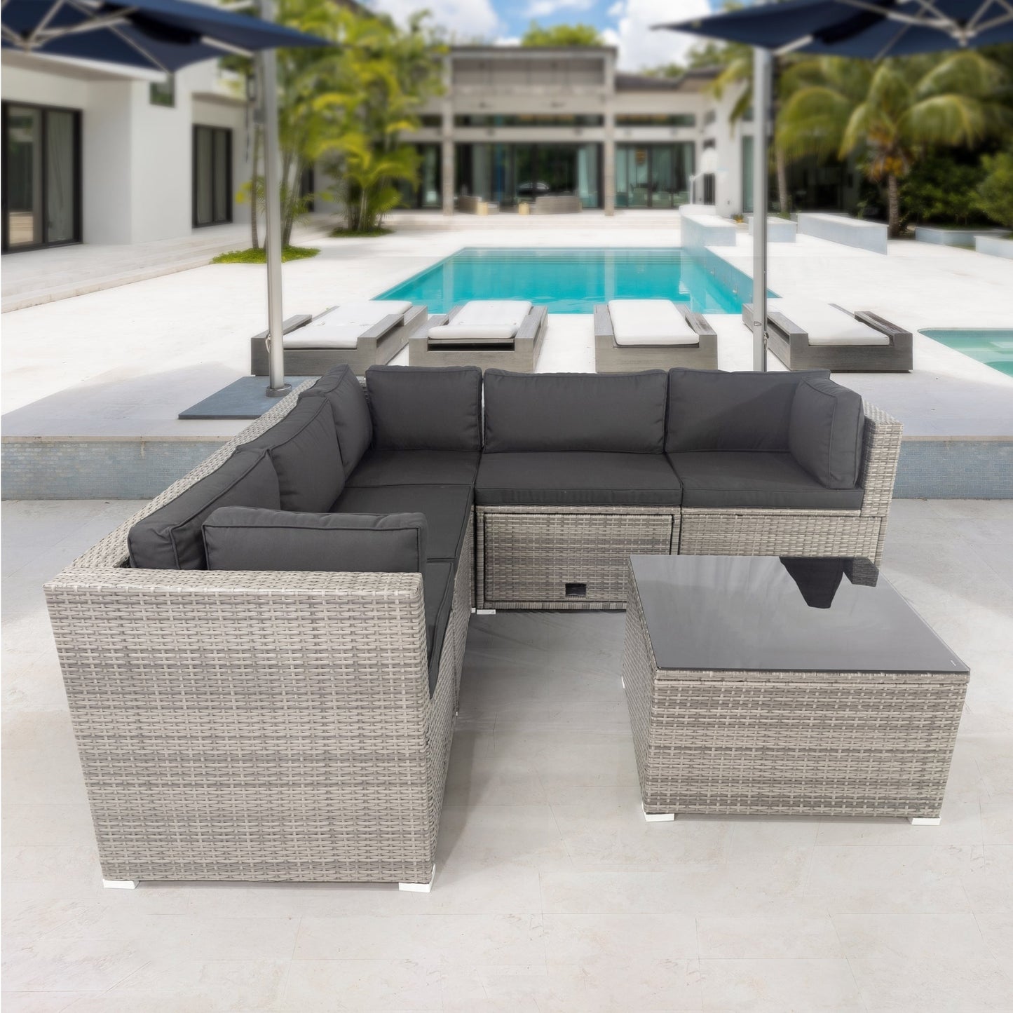 6 Pieces PE Rattan Outdoor Sectional Set with 3 Storage Under Seat and Cushion