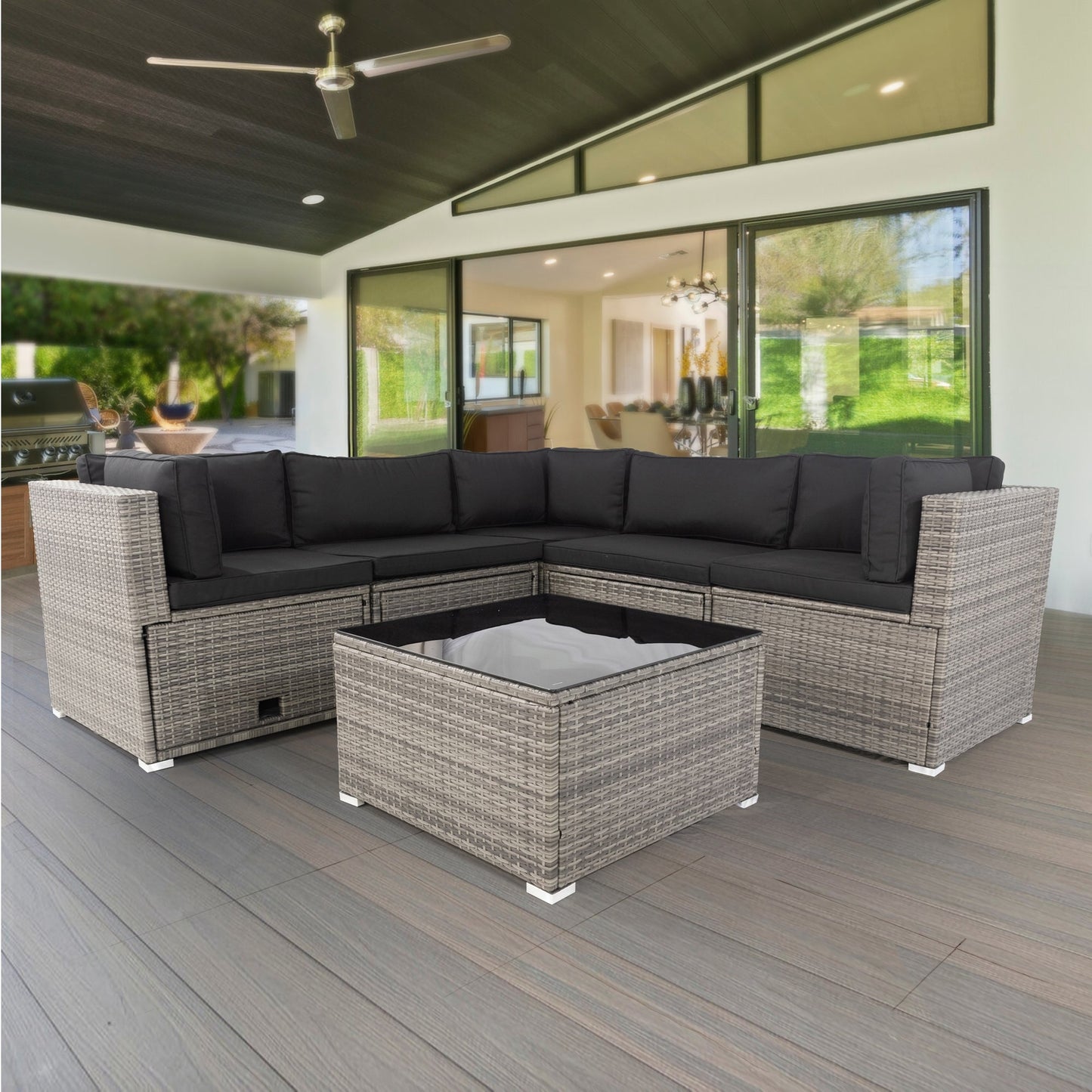 6 Pieces PE Rattan Outdoor Sectional Set with 3 Storage Under Seat and Cushion