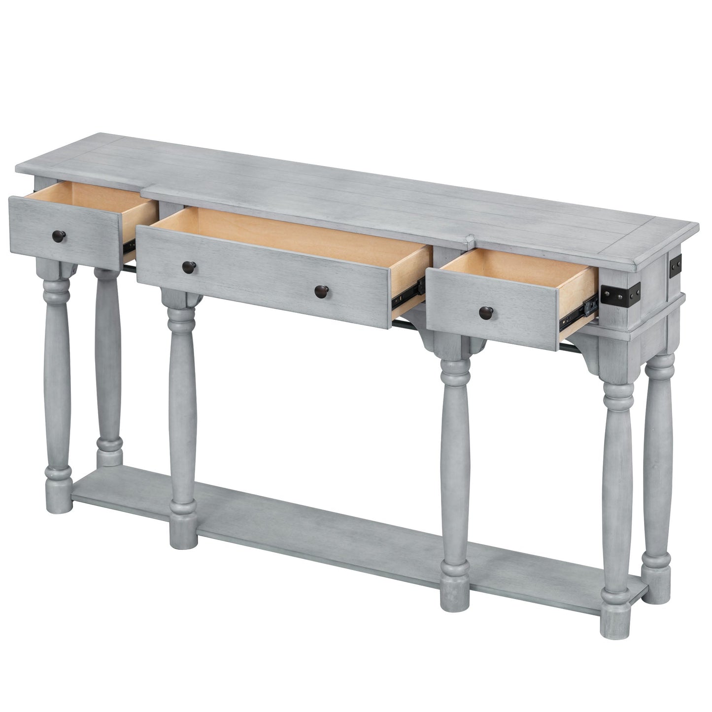 60" Antique Gray Console Table with Storage Drawers and Bottom Shelf for Entryway