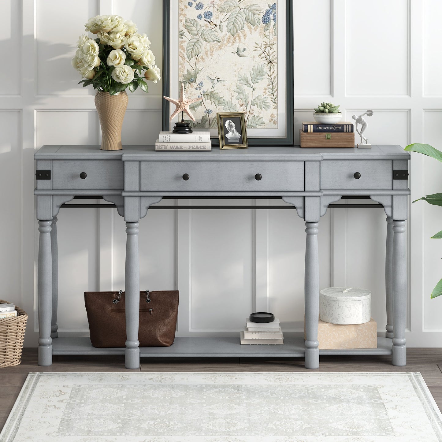60" Antique Gray Console Table with Storage Drawers and Bottom Shelf for Entryway