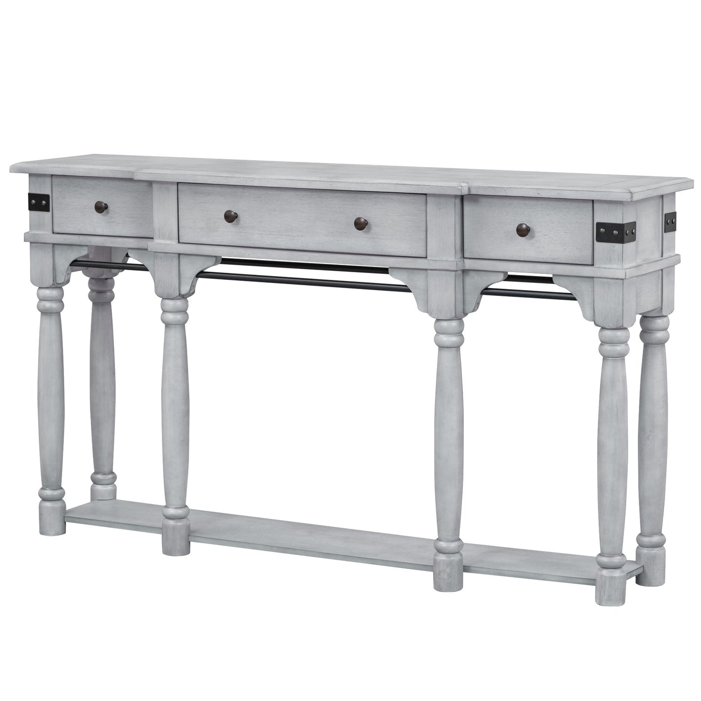 60" Antique Gray Console Table with Storage Drawers and Bottom Shelf for Entryway