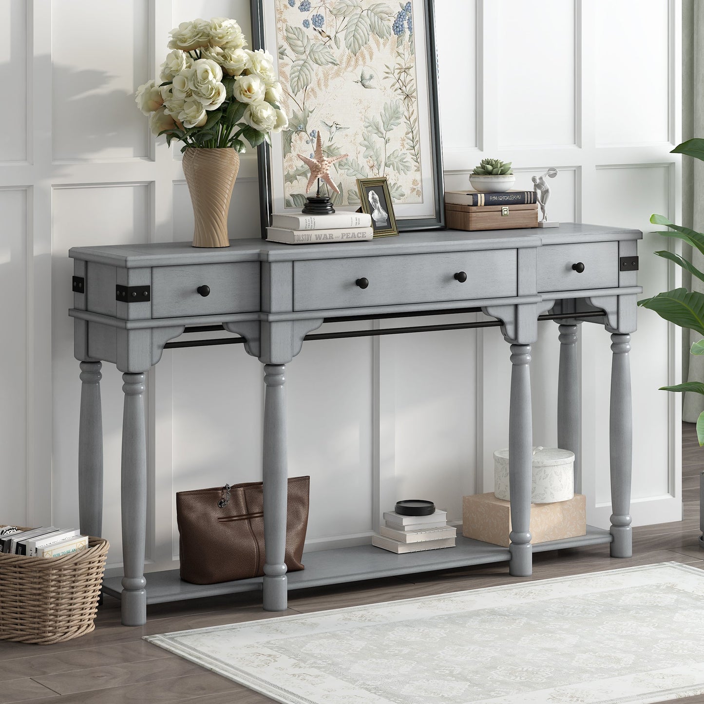 60" Antique Gray Console Table with Storage Drawers and Bottom Shelf for Entryway