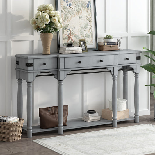 60" Antique Gray Console Table with Storage Drawers and Bottom Shelf for Entryway