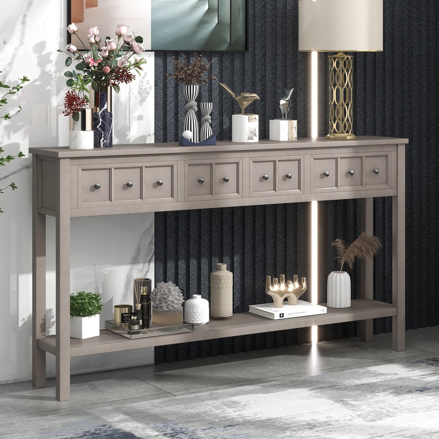 60" Narrow Entryway Gray Wash Console Table with 4 Compact Drawers