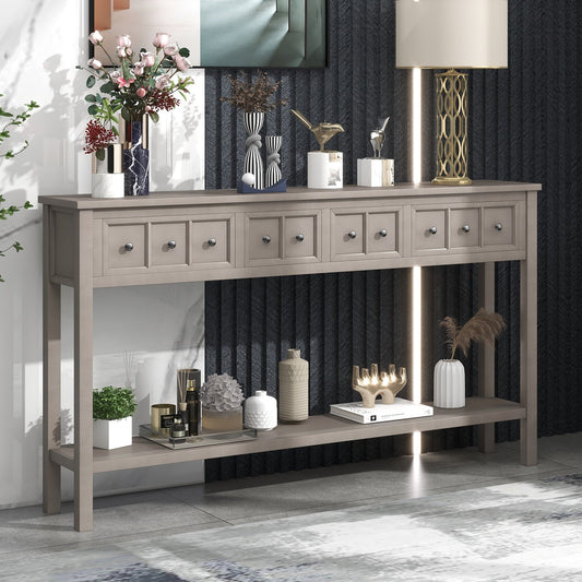 60" Narrow Entryway Gray Wash Console Table with 4 Compact Drawers